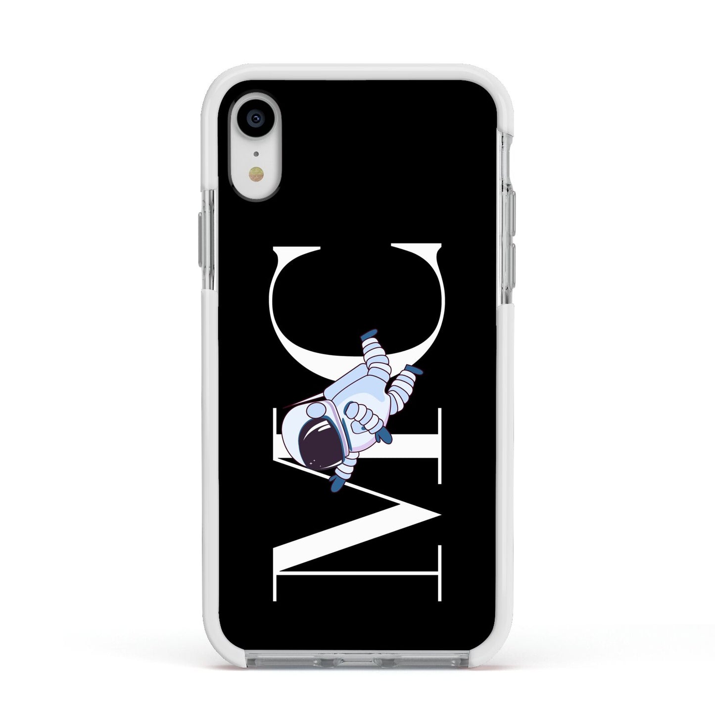 Simple Personalised Astronaut with Initials Apple iPhone XR Impact Case White Edge on Silver Phone