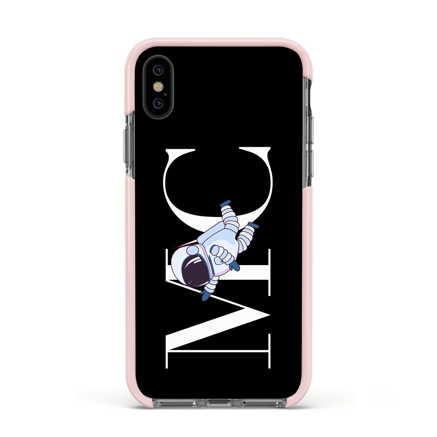 Simple Personalised Astronaut with Initials Apple iPhone Xs Impact Case Pink Edge on Black Phone