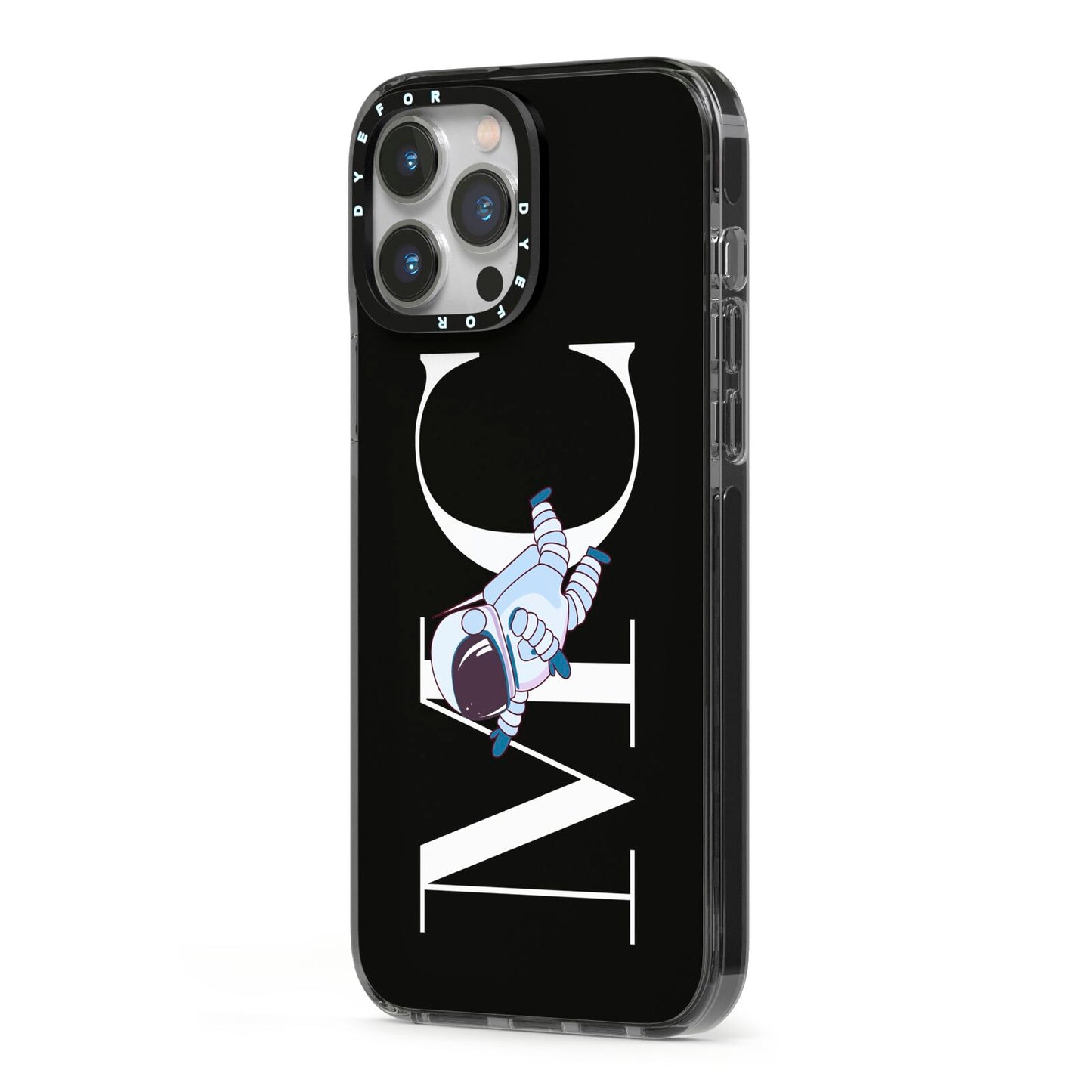Simple Personalised Astronaut with Initials iPhone 13 Pro Max Black Impact Case Side Angle on Silver phone