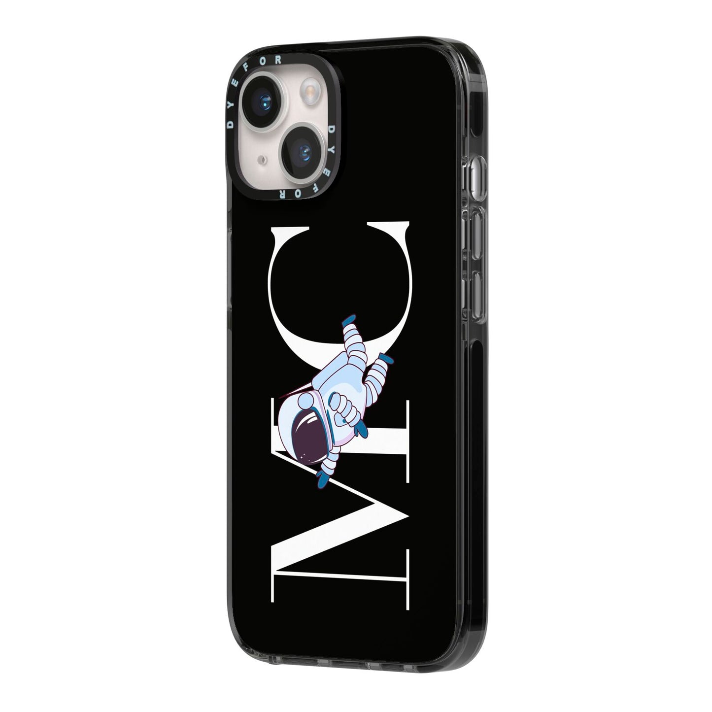 Simple Personalised Astronaut with Initials iPhone 14 Black Impact Case Side Angle on Silver phone