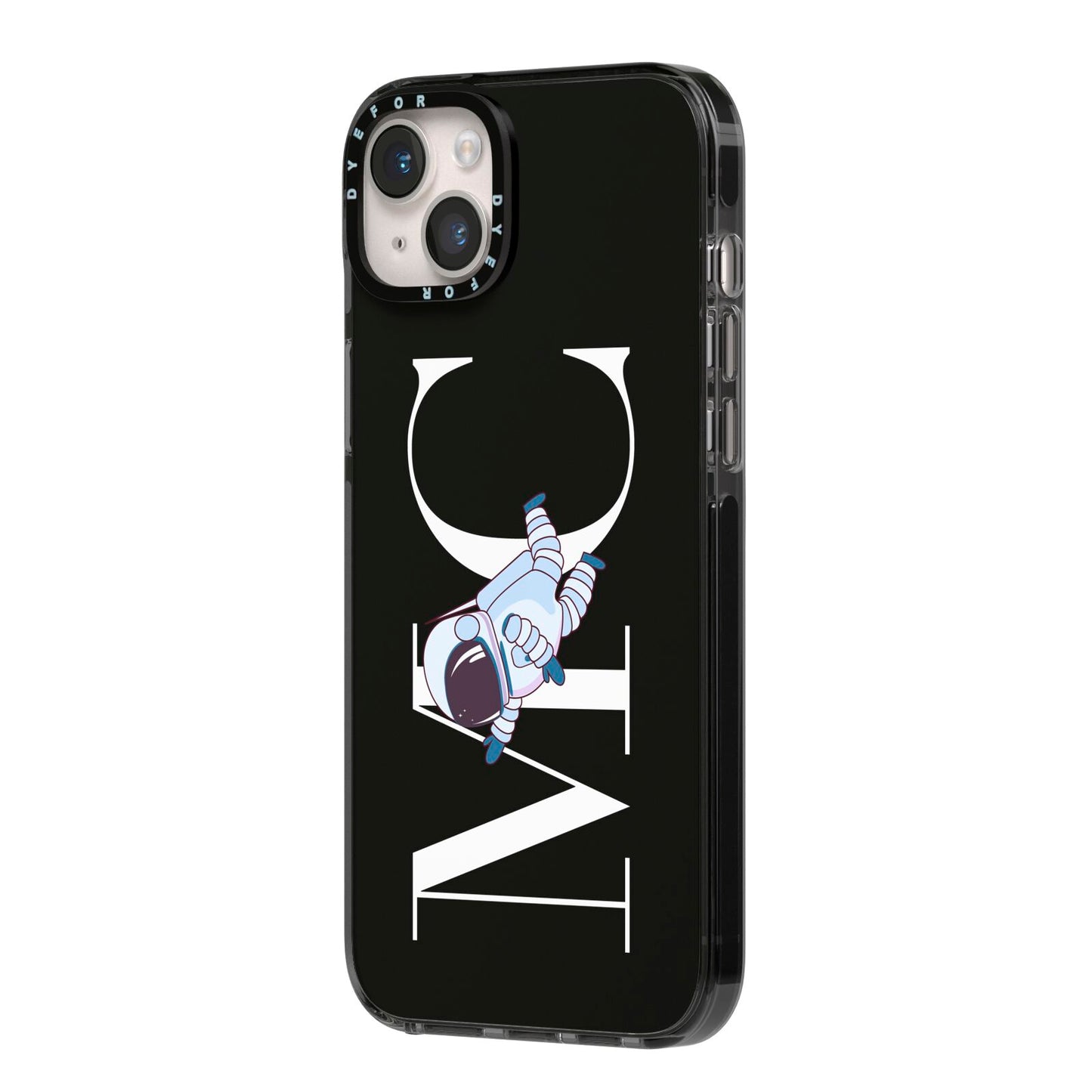Simple Personalised Astronaut with Initials iPhone 14 Plus Black Impact Case Side Angle on Silver phone