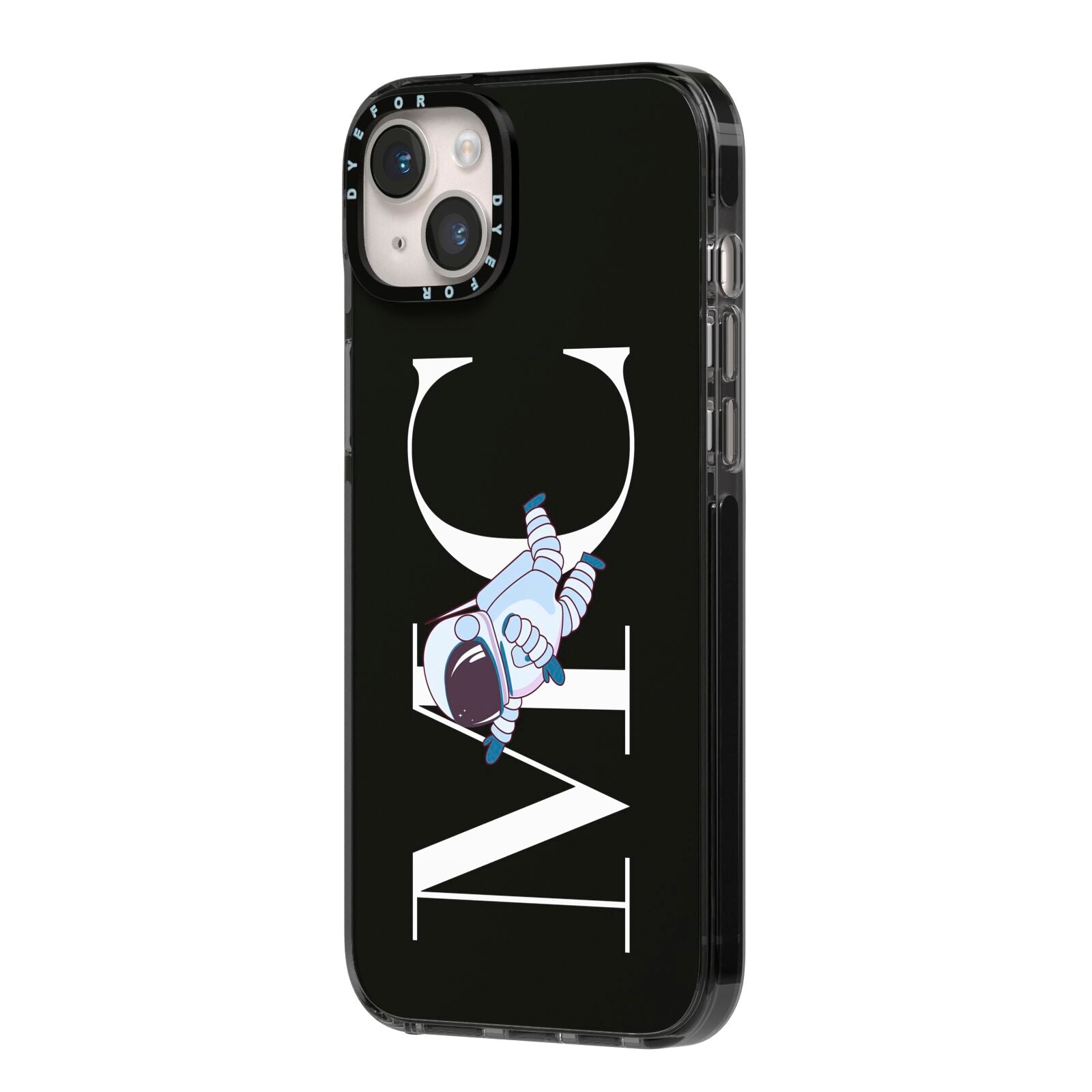 Simple Personalised Astronaut with Initials iPhone 14 Plus Black Impact Case Side Angle on Silver phone