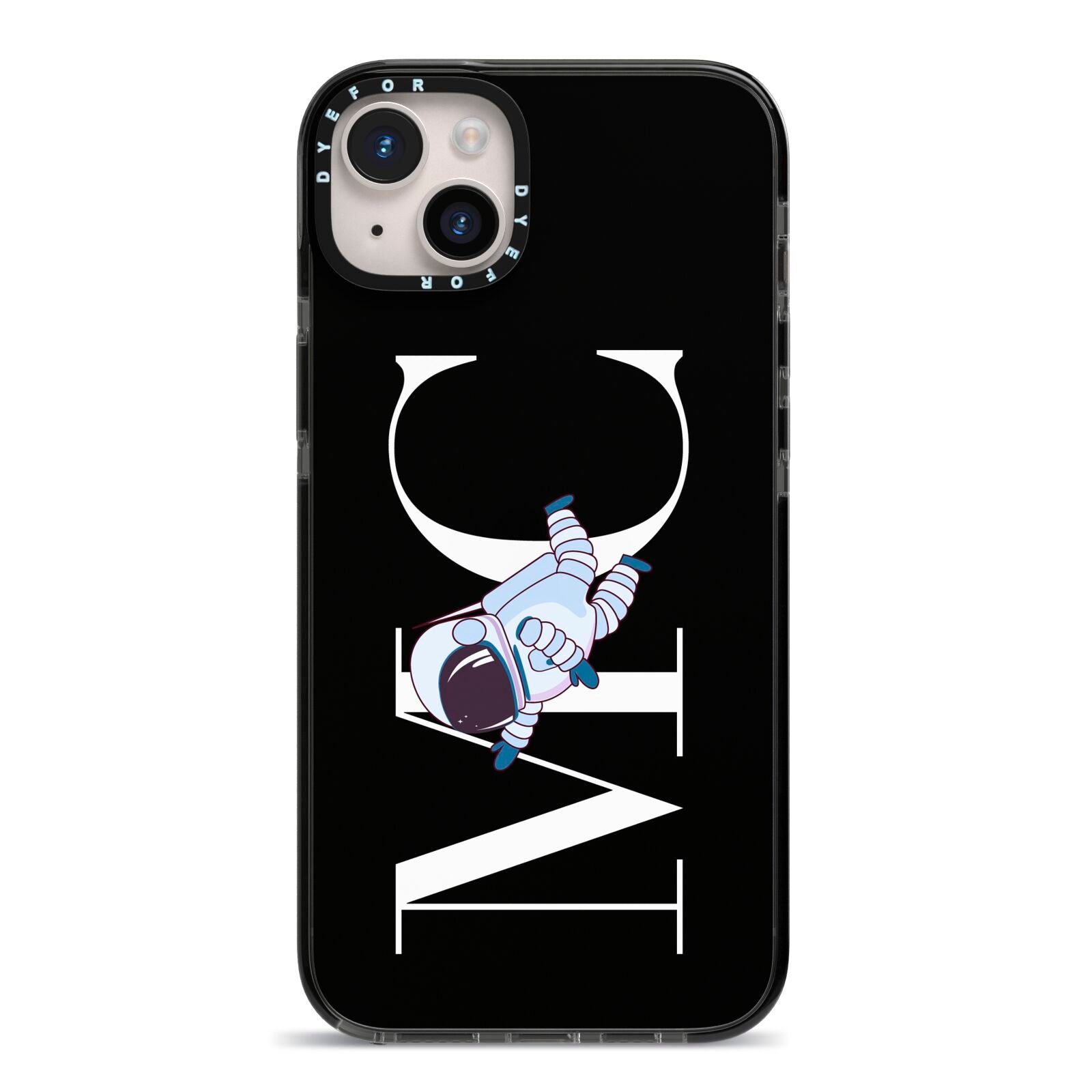 Simple Personalised Astronaut with Initials iPhone 14 Plus Black Impact Case on Silver phone
