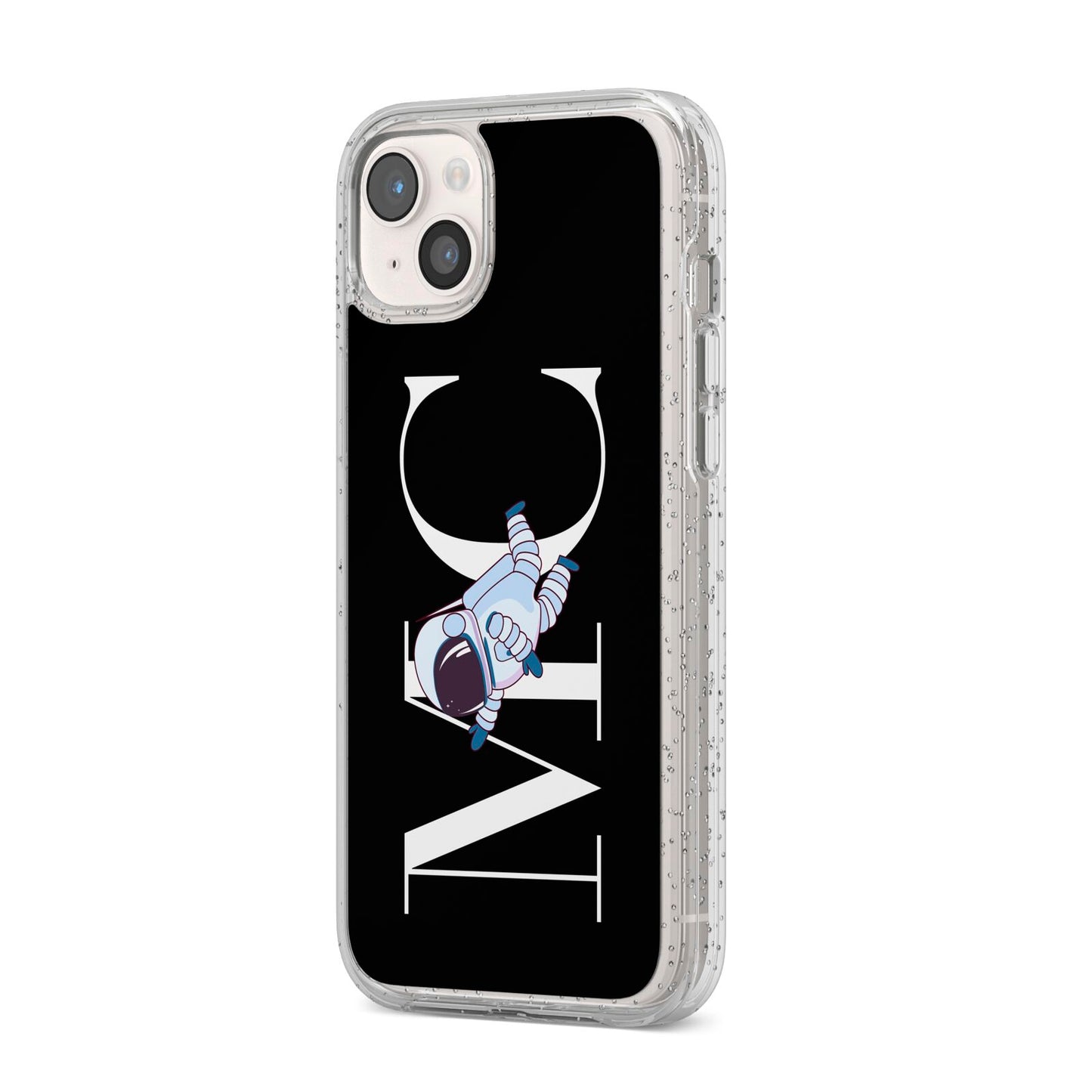 Simple Personalised Astronaut with Initials iPhone 14 Plus Glitter Tough Case Starlight Angled Image