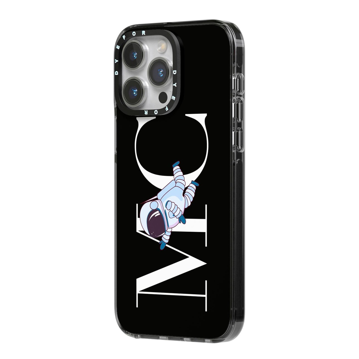 Simple Personalised Astronaut with Initials iPhone 14 Pro Max Black Impact Case Side Angle on Silver phone