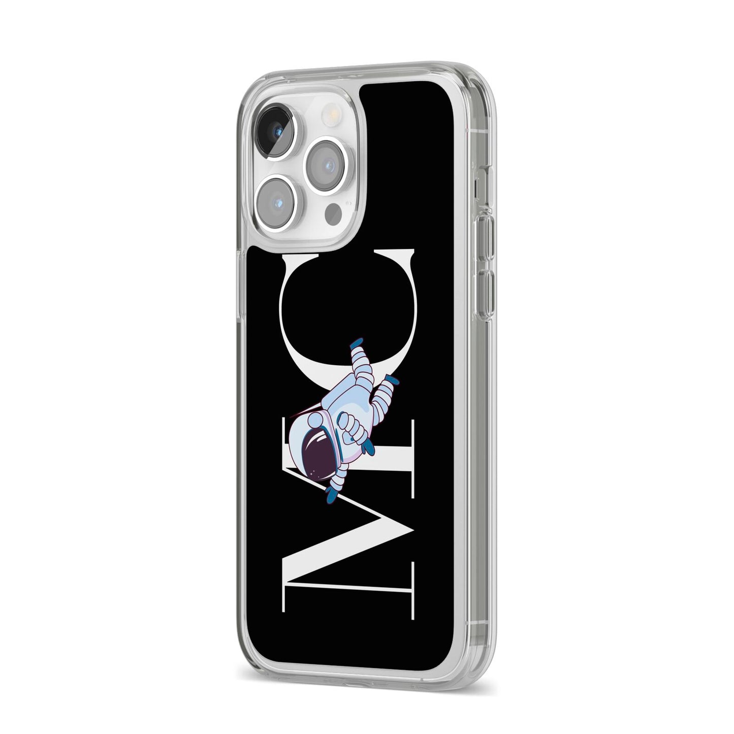 Simple Personalised Astronaut with Initials iPhone 14 Pro Max Clear Tough Case Silver Angled Image