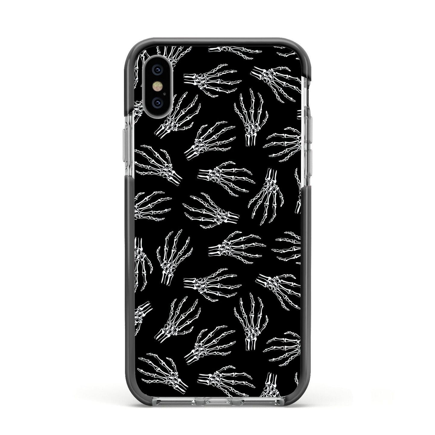 Skeleton Hands Apple iPhone Xs Impact Case Black Edge on Silver Phone