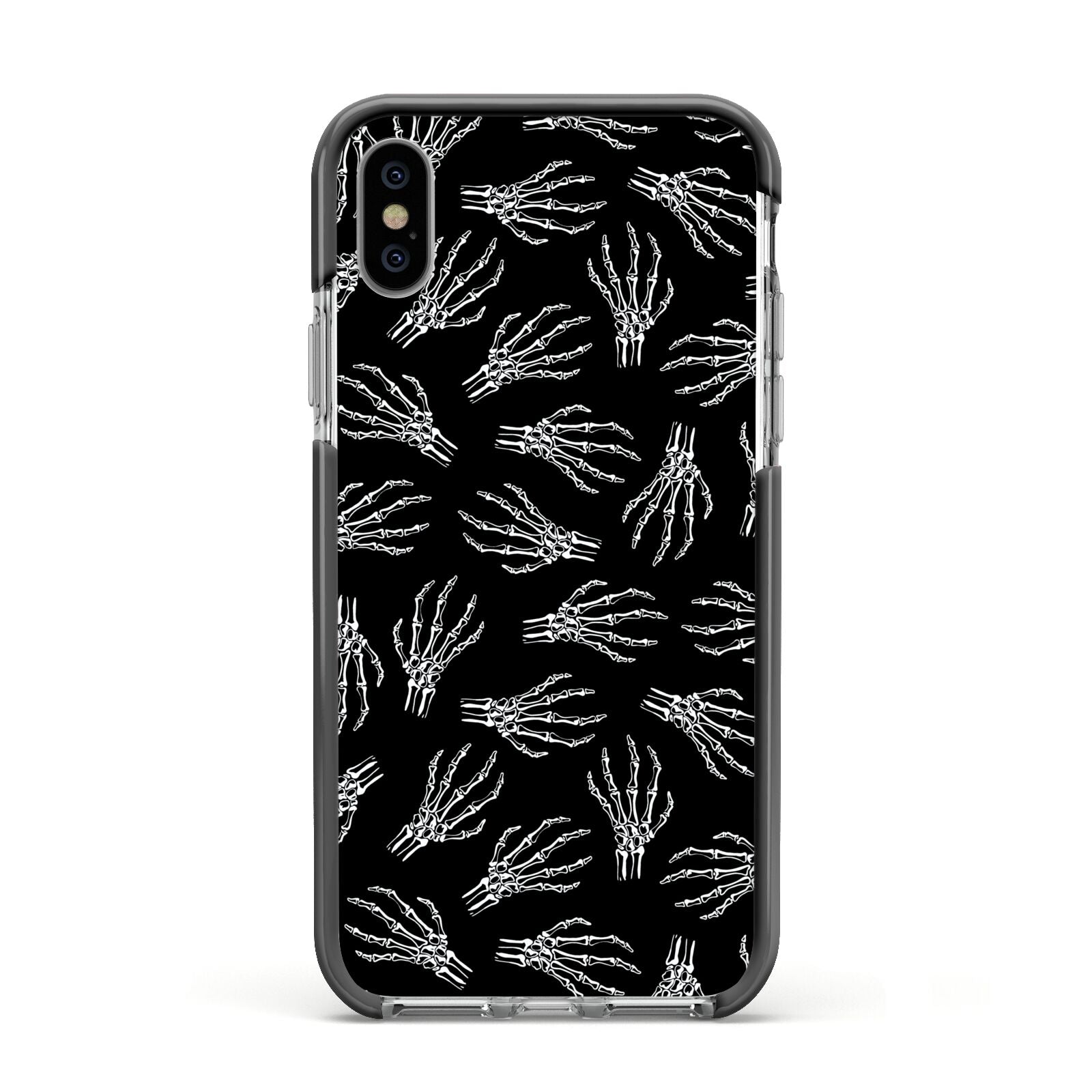 Skeleton Hands Apple iPhone Xs Impact Case Black Edge on Silver Phone