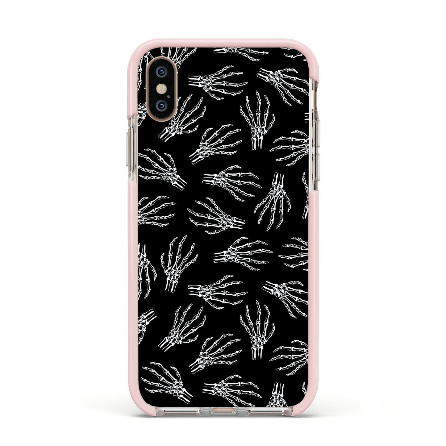Skeleton Hands Apple iPhone Xs Impact Case Pink Edge on Gold Phone