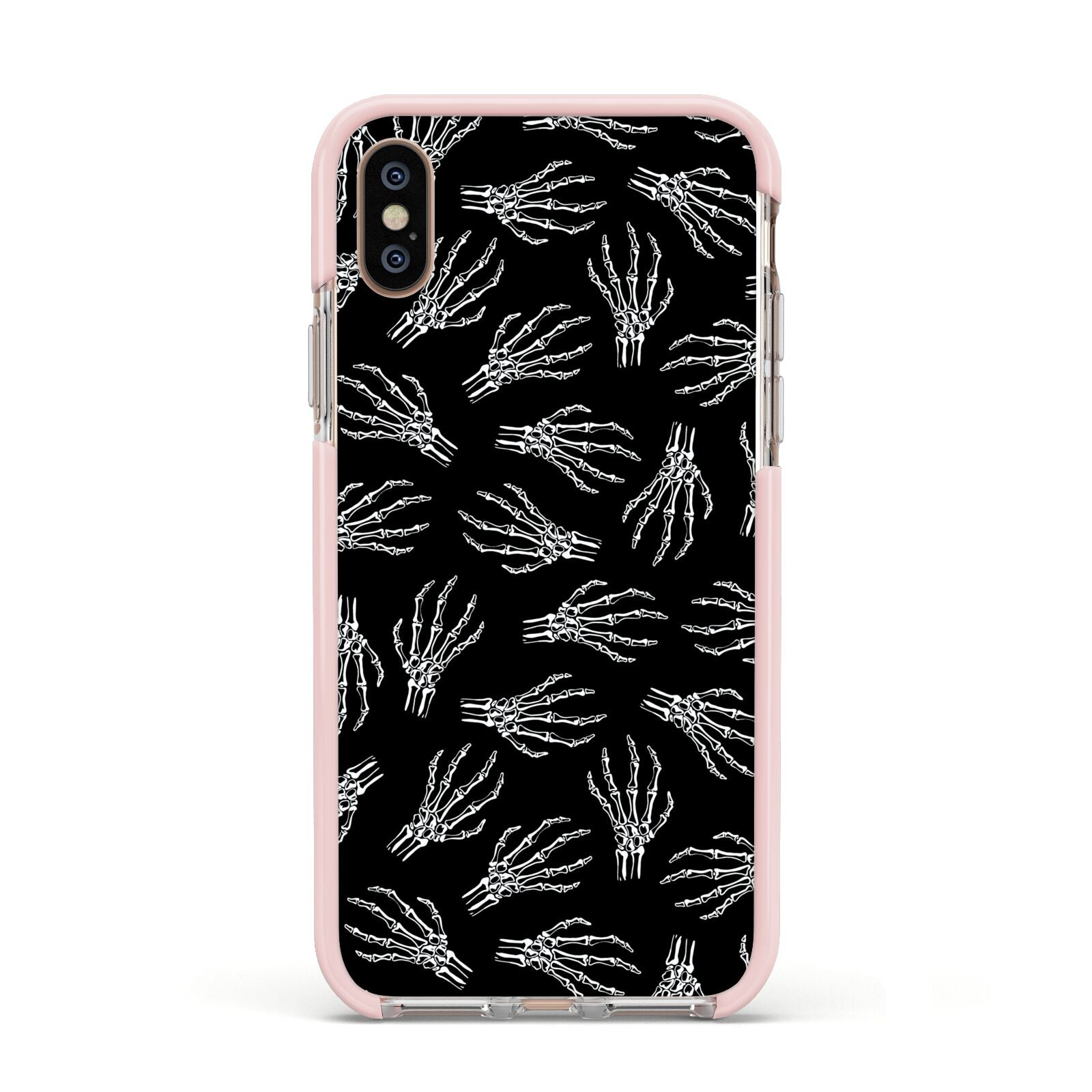 Skeleton Hands Apple iPhone Xs Impact Case Pink Edge on Gold Phone