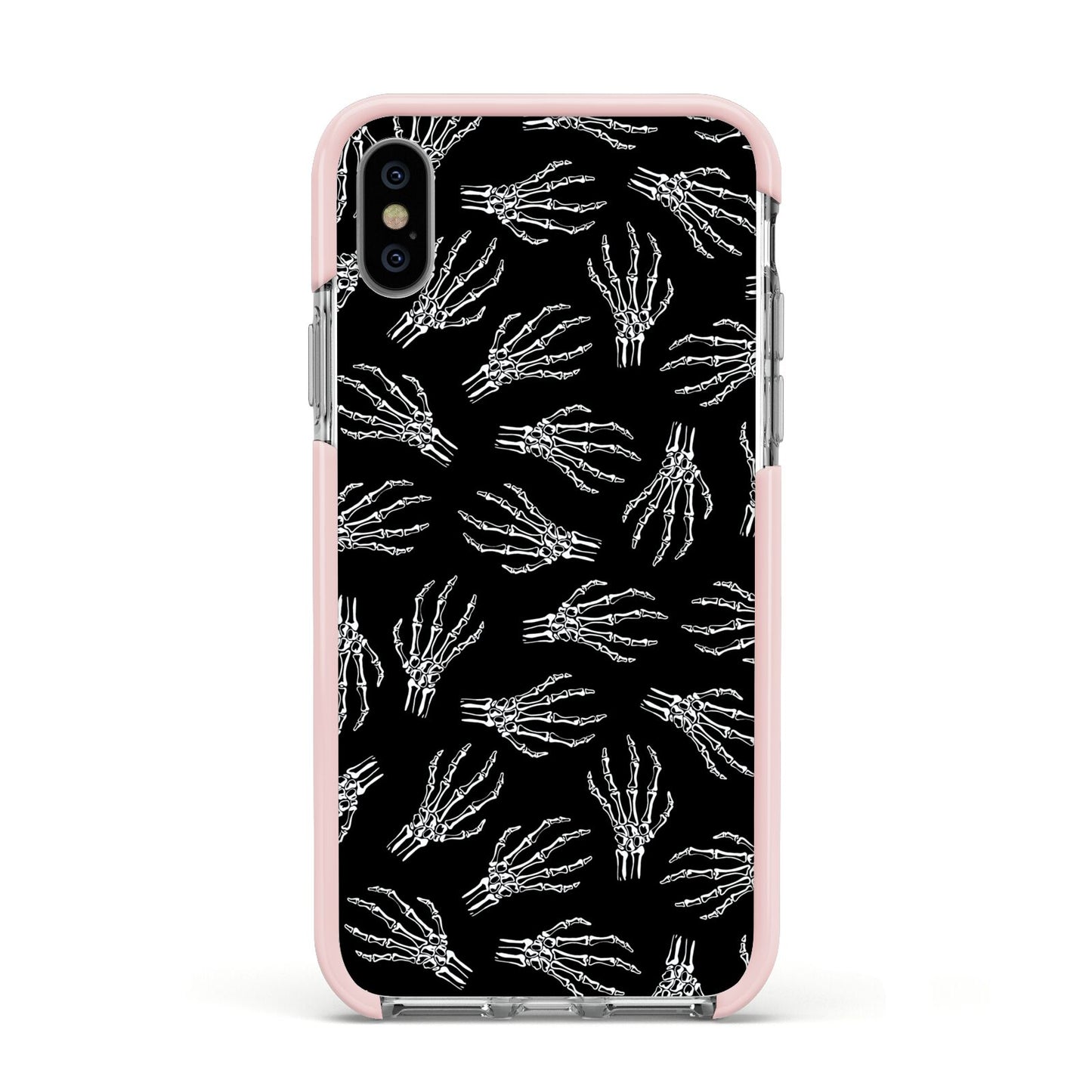 Skeleton Hands Apple iPhone Xs Impact Case Pink Edge on Silver Phone