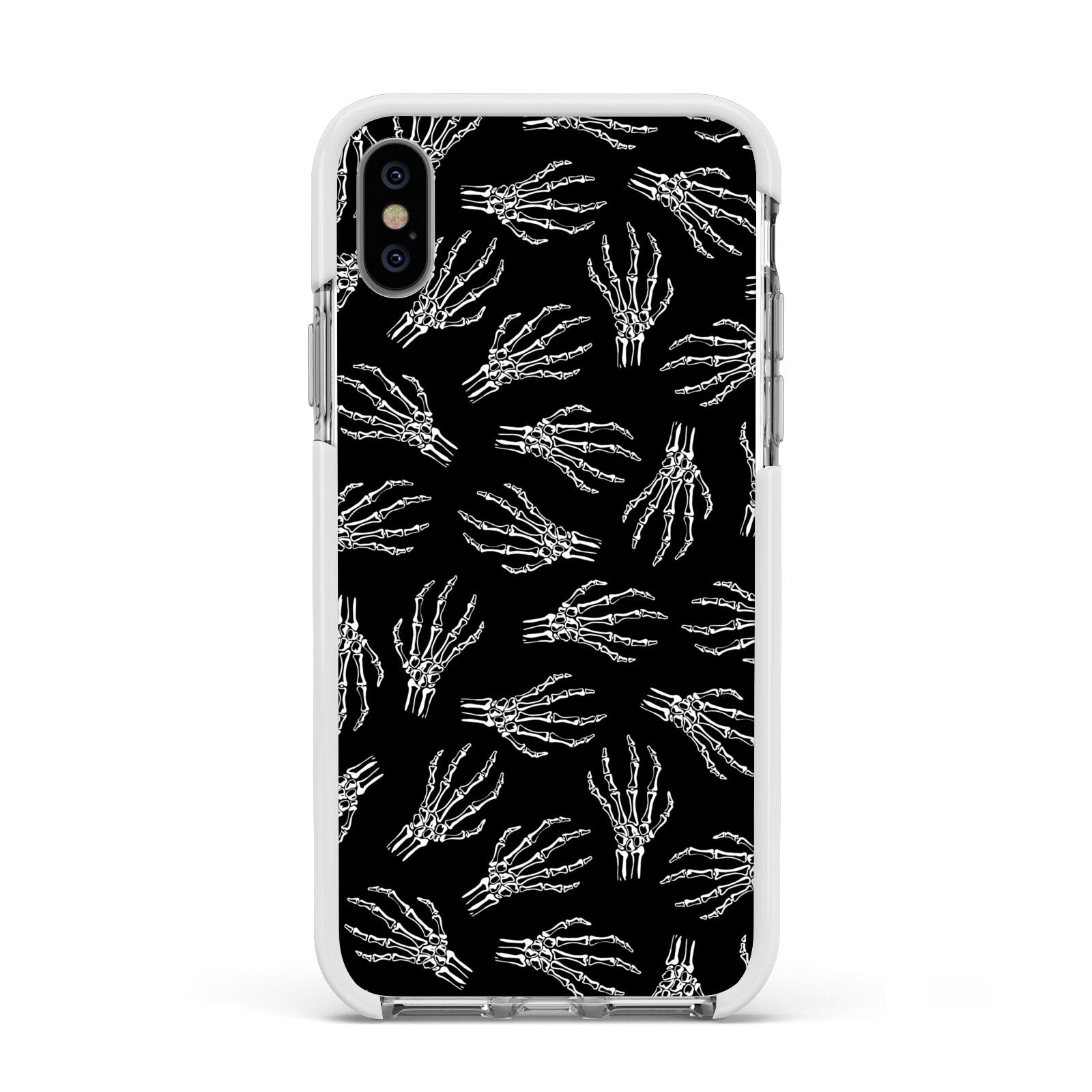 Skeleton Hands Apple iPhone Xs Impact Case White Edge on Silver Phone