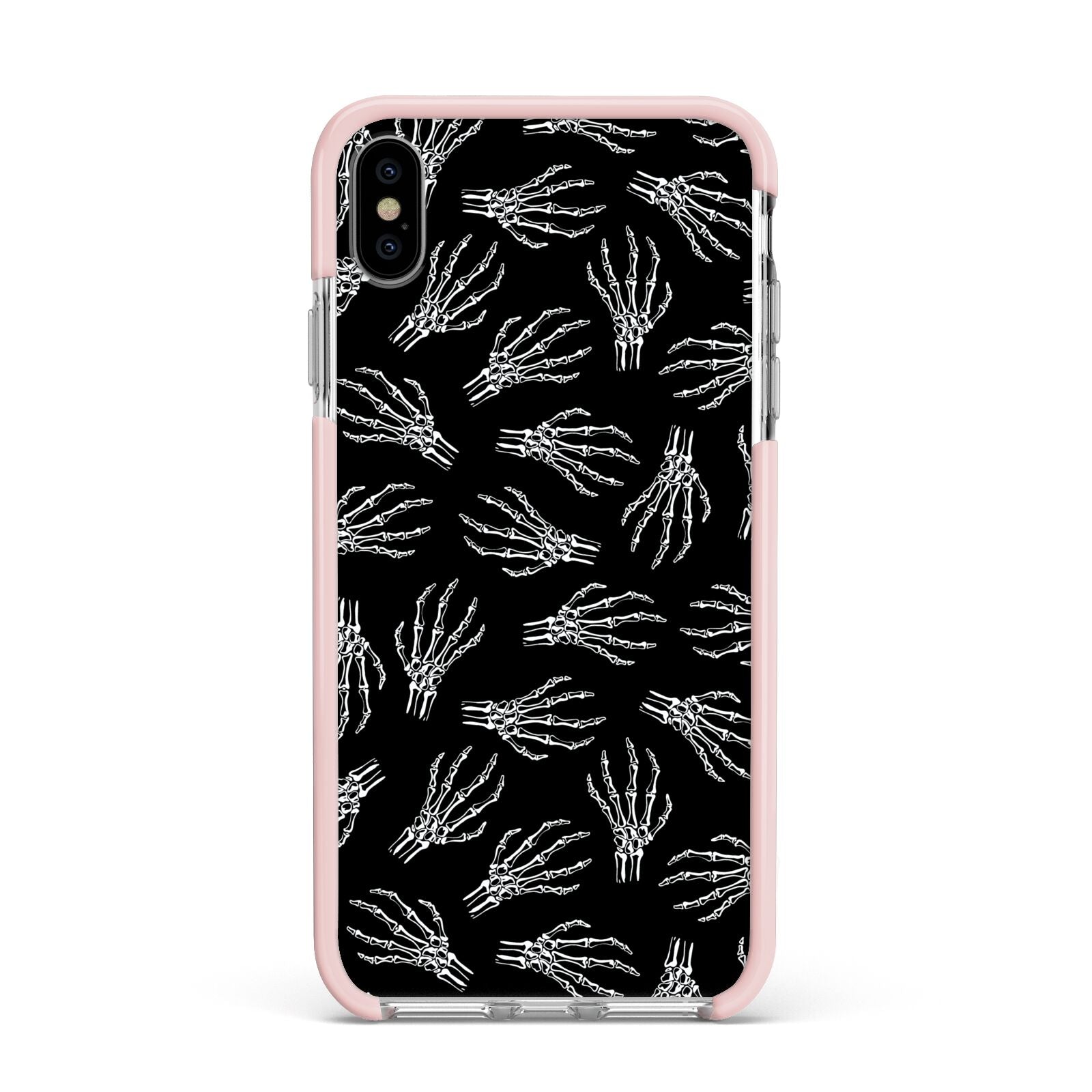 Skeleton Hands Apple iPhone Xs Max Impact Case Pink Edge on Silver Phone