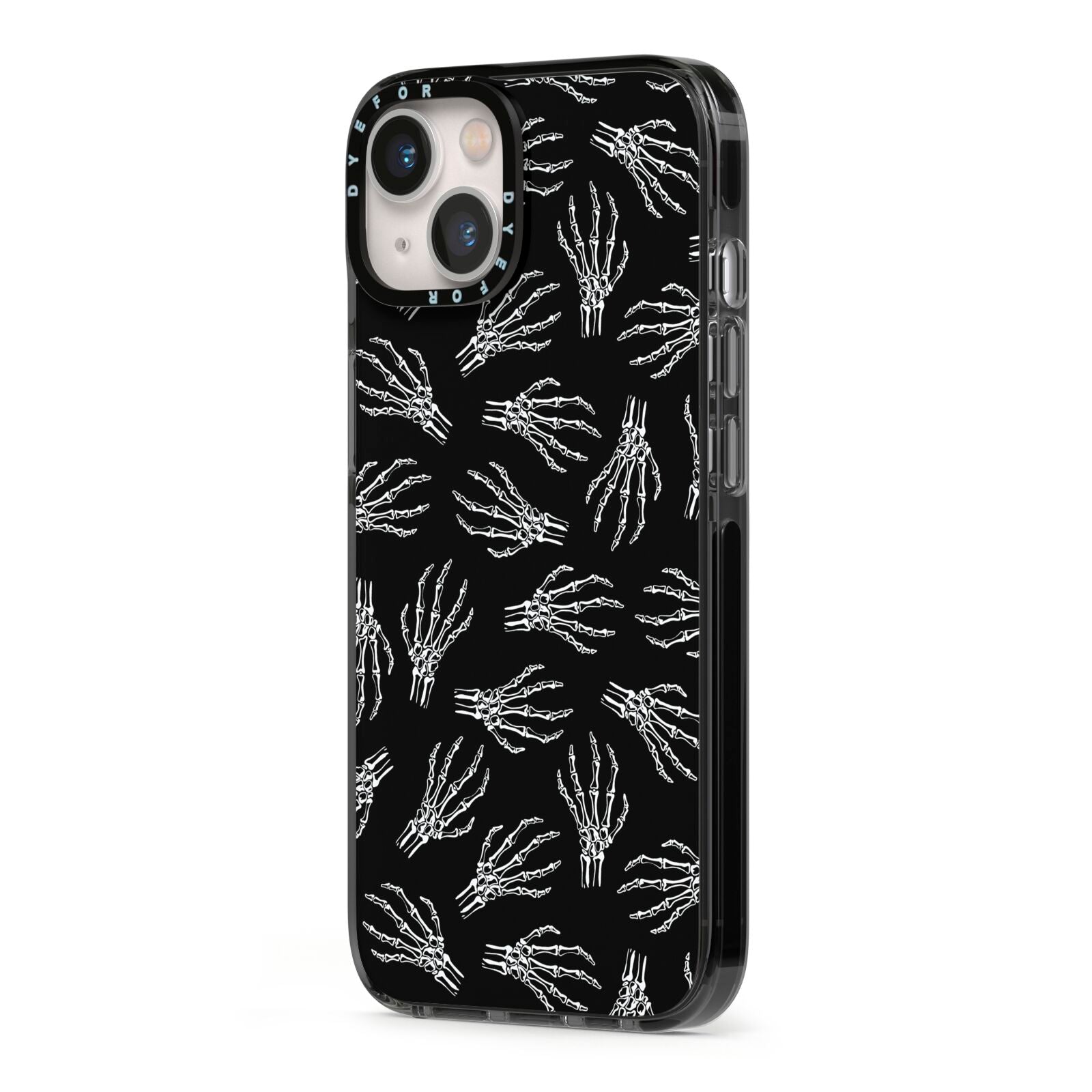 Skeleton Hands iPhone 13 Black Impact Case Side Angle on Silver phone