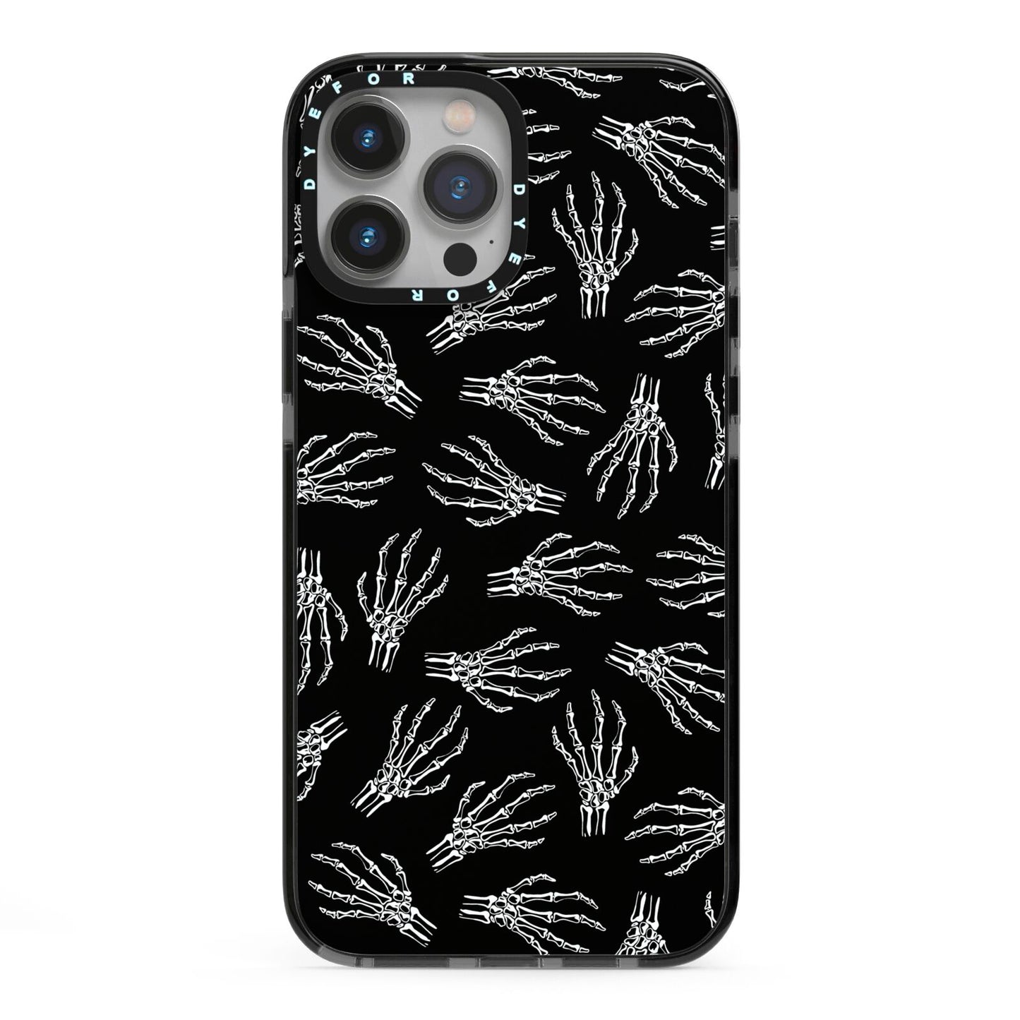 Skeleton Hands iPhone 13 Pro Max Black Impact Case on Silver phone