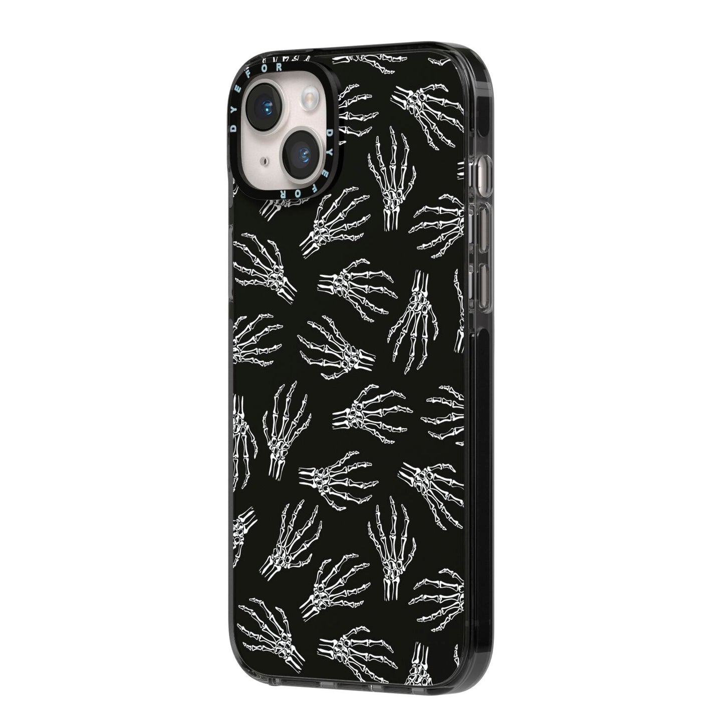 Skeleton Hands iPhone 14 Plus Black Impact Case Side Angle on Silver phone