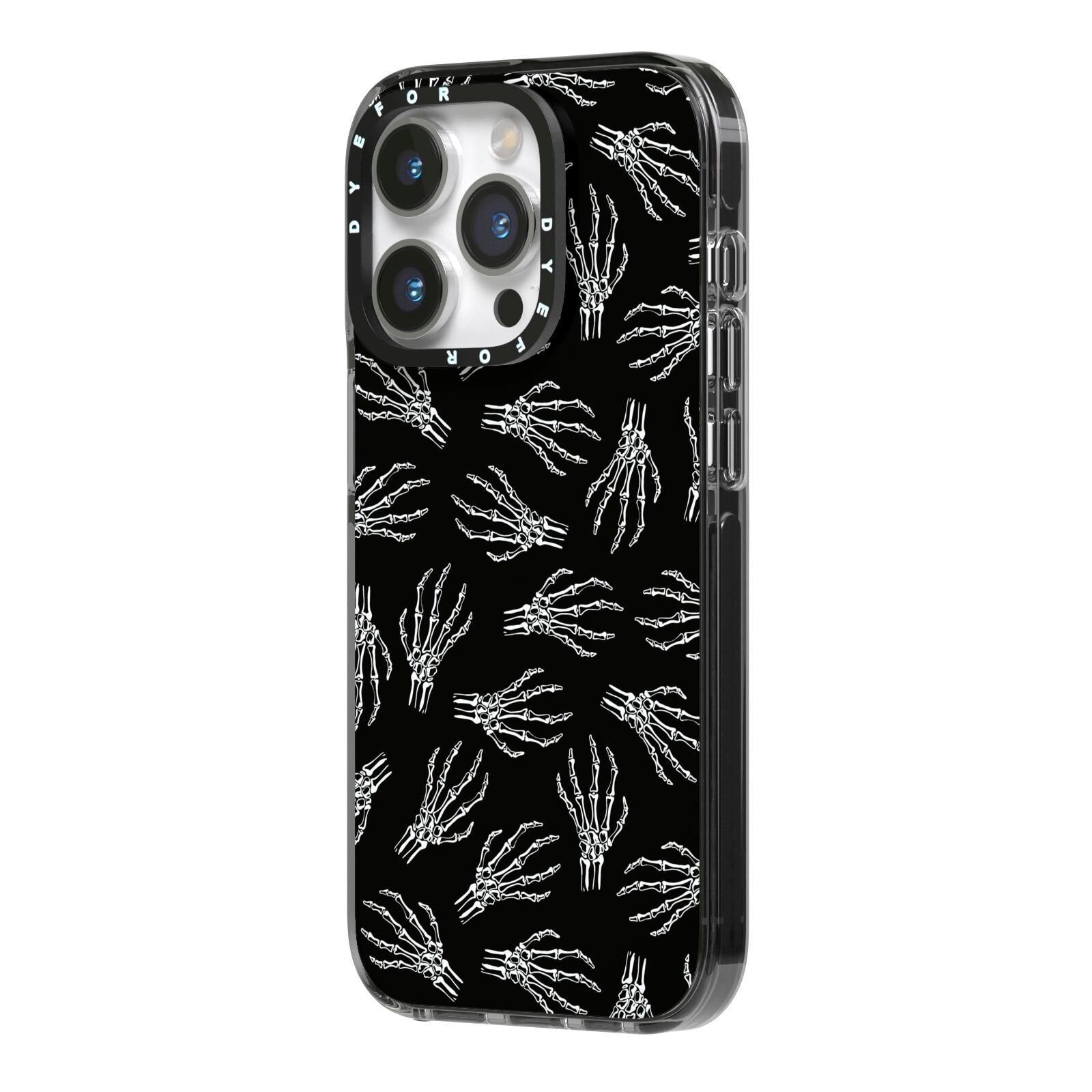 Skeleton Hands iPhone 14 Pro Black Impact Case Side Angle on Silver phone
