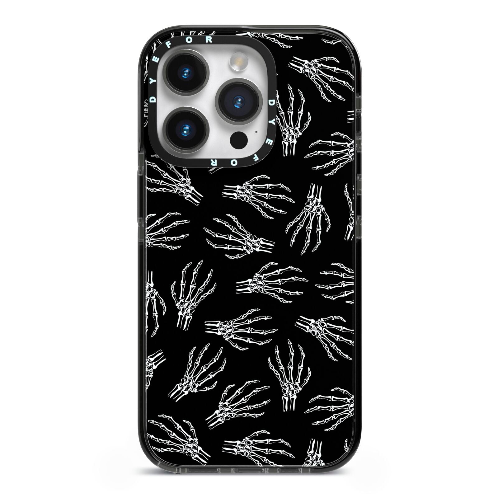 Skeleton Hands iPhone 14 Pro Black Impact Case on Silver phone