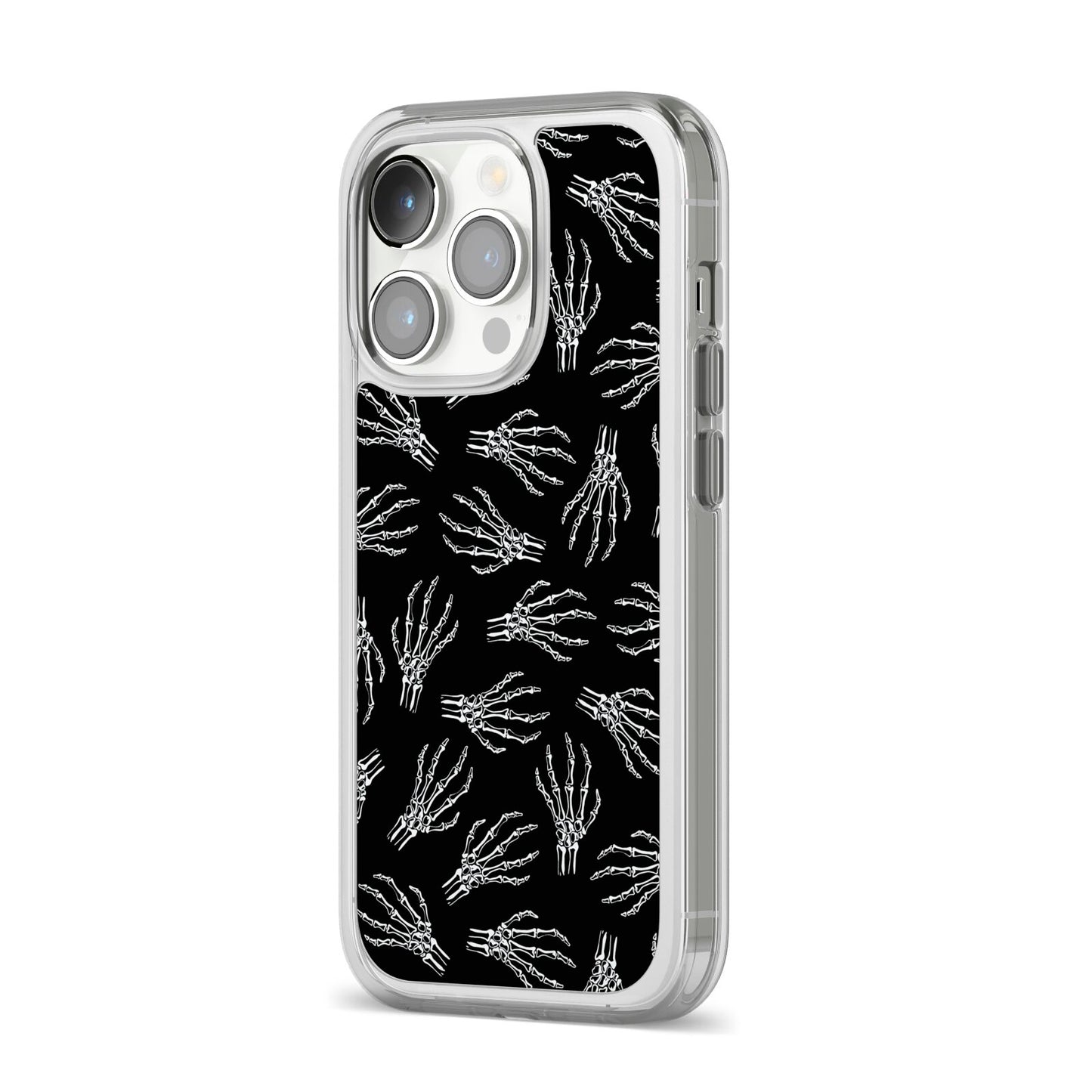 Skeleton Hands iPhone 14 Pro Clear Tough Case Silver Angled Image