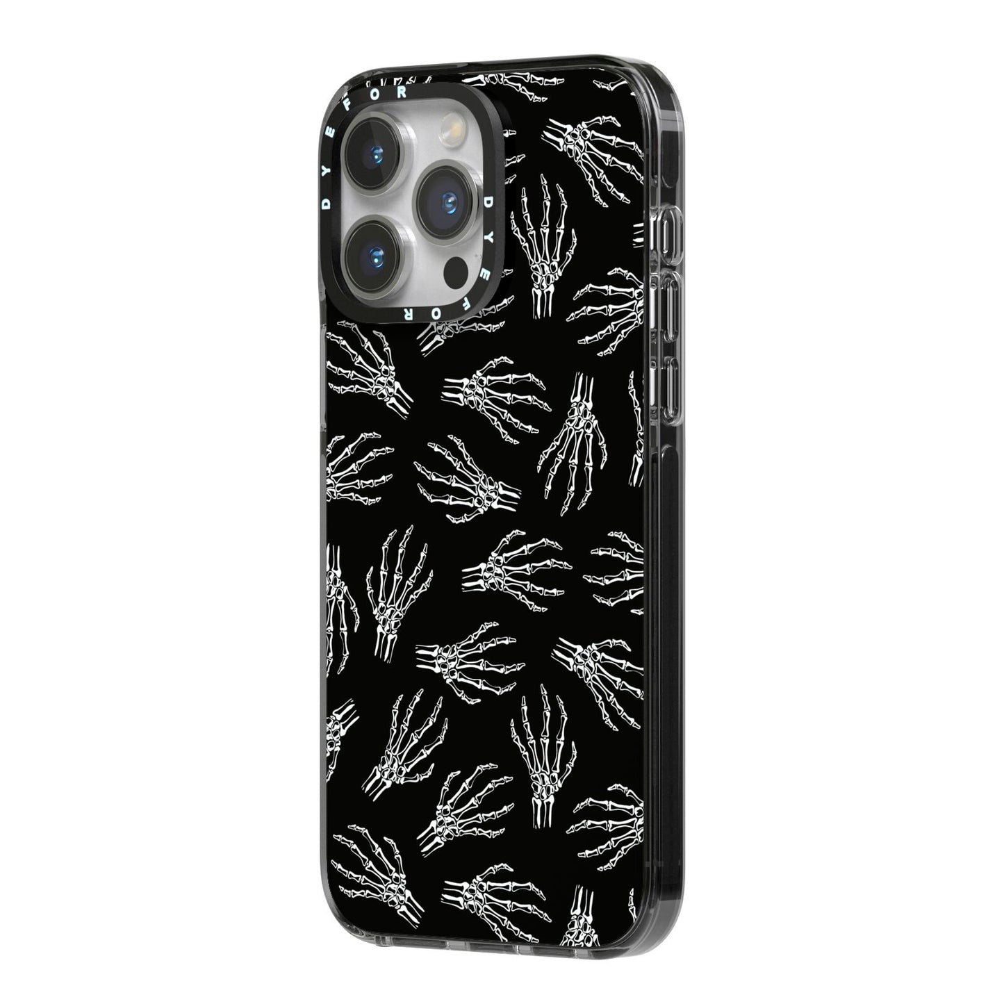 Skeleton Hands iPhone 14 Pro Max Black Impact Case Side Angle on Silver phone