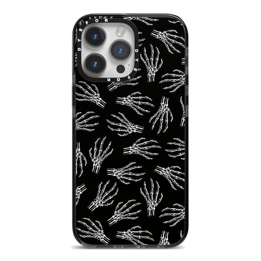 Skeleton Hands iPhone 14 Pro Max Black Impact Case on Silver phone
