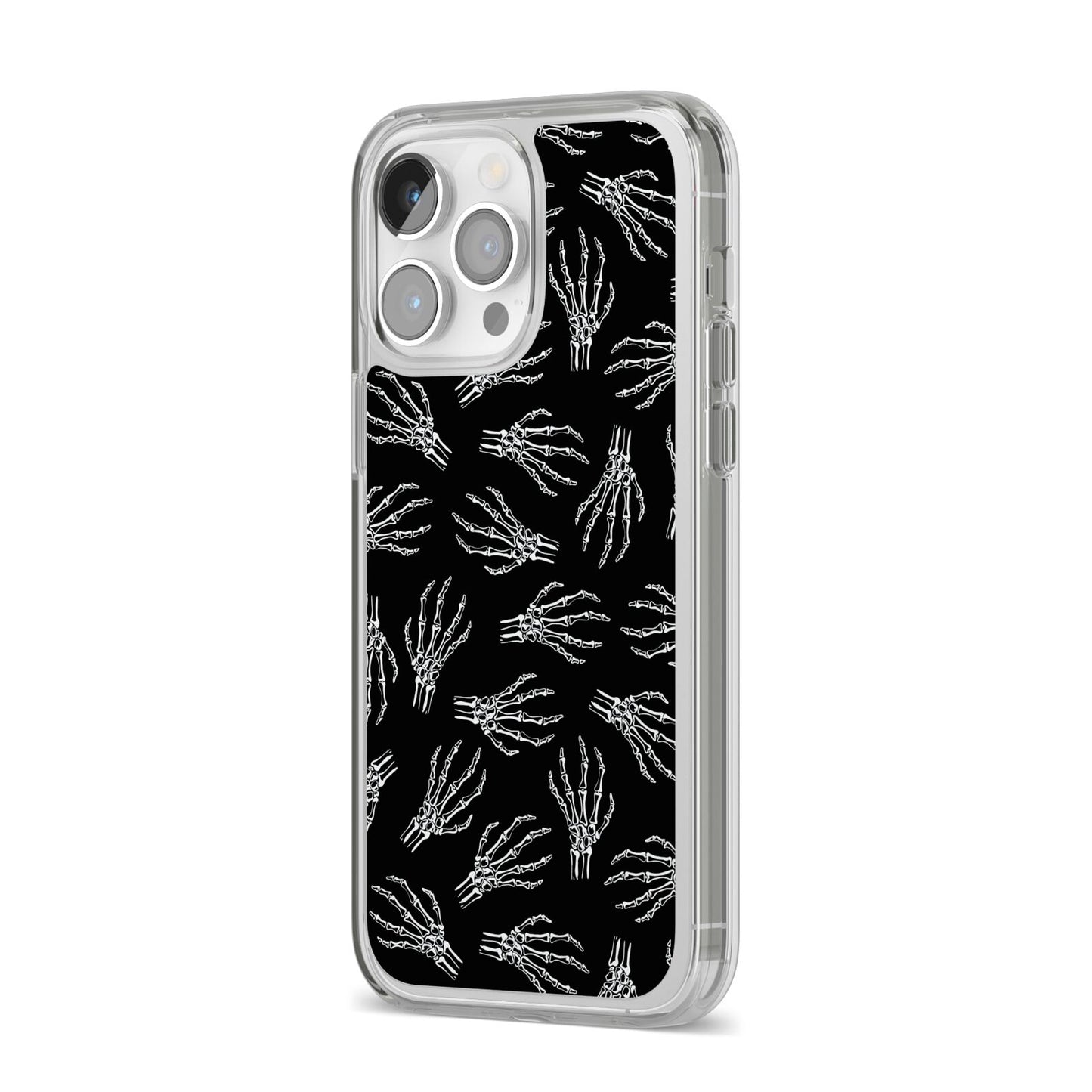 Skeleton Hands iPhone 14 Pro Max Clear Tough Case Silver Angled Image