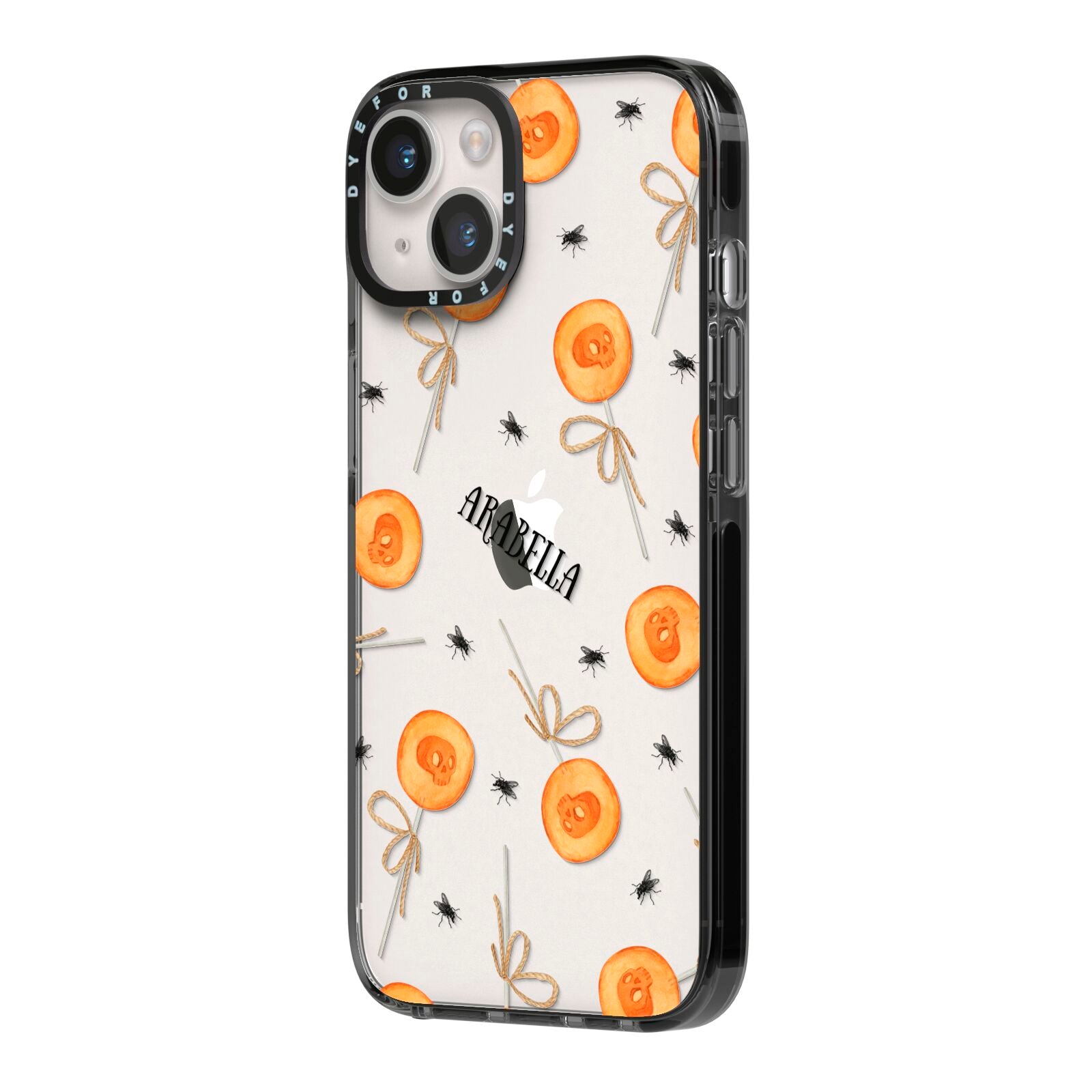 Skull Lollipops Custom Halloween iPhone 14 Black Impact Case Side Angle on Silver phone