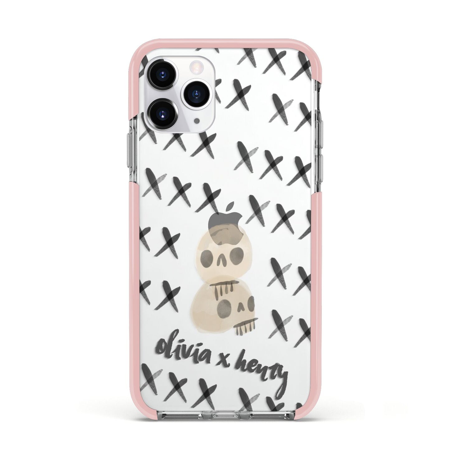 Skulls and Kisses Personalised Apple iPhone 11 Pro in Silver with Pink Impact Case