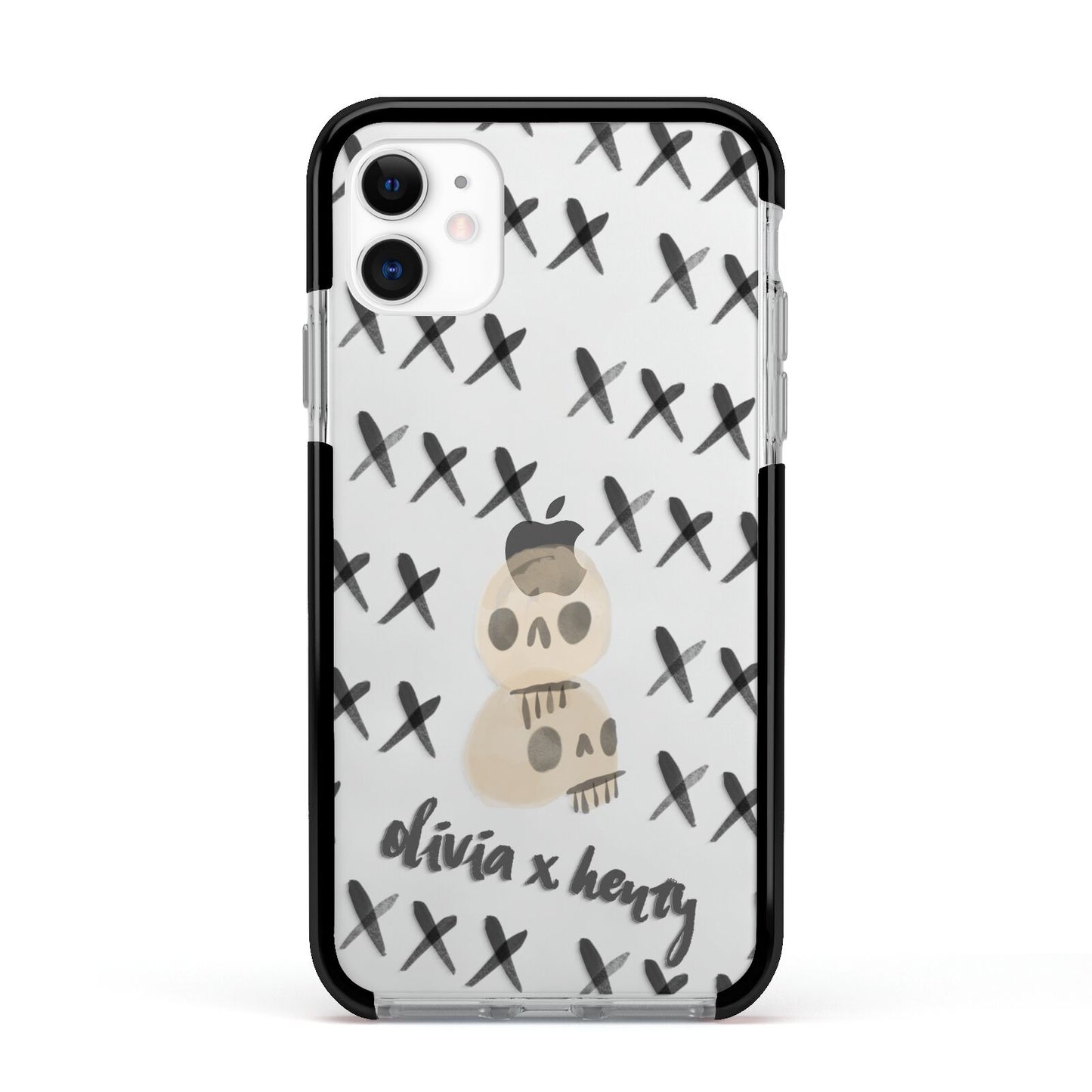 Skulls and Kisses Personalised Apple iPhone 11 in White with Black Impact Case