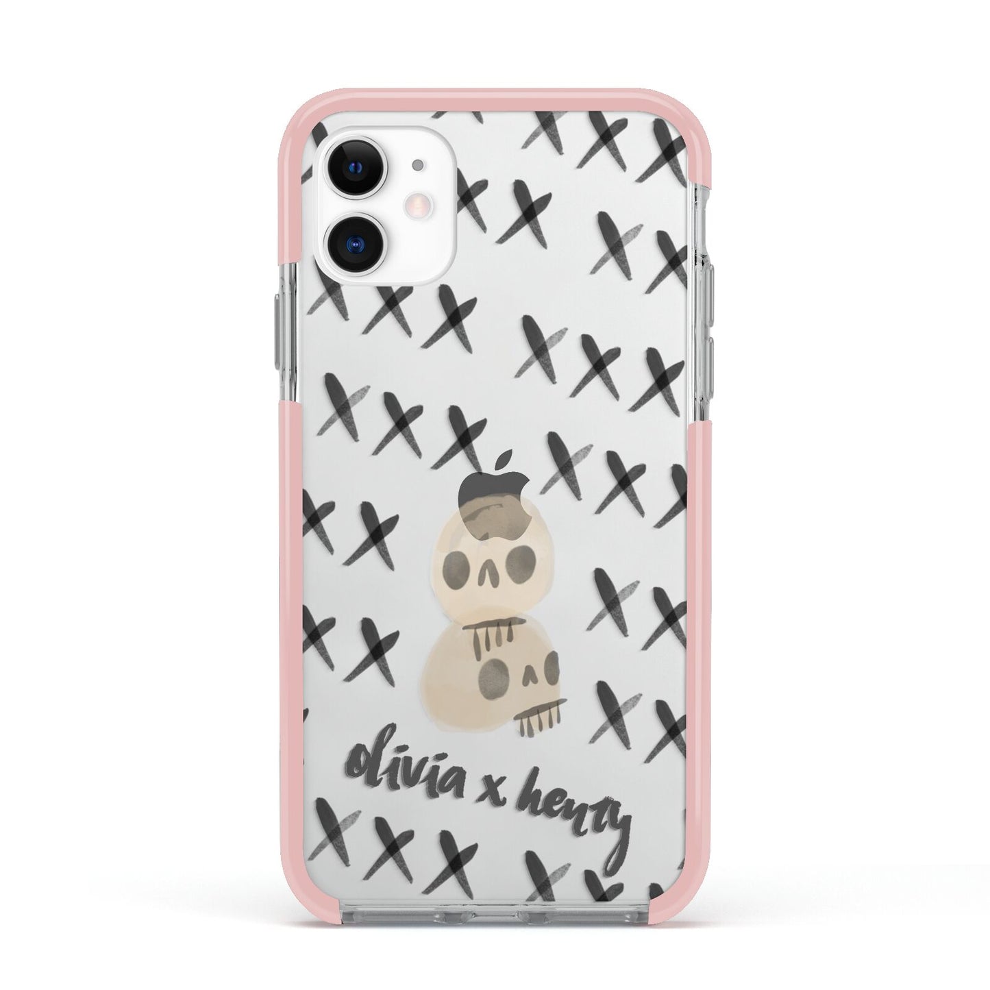 Skulls and Kisses Personalised Apple iPhone 11 in White with Pink Impact Case