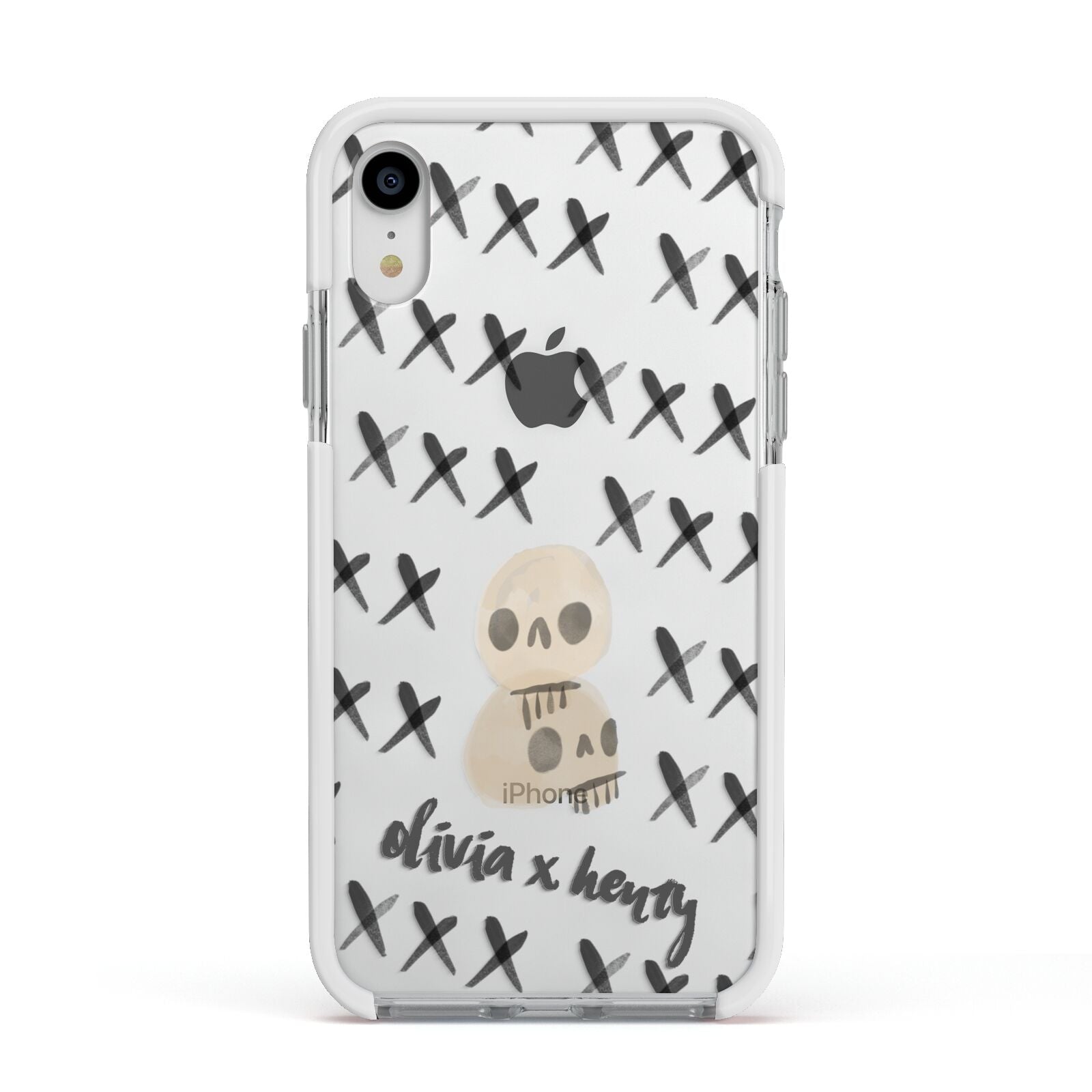 Skulls and Kisses Personalised Apple iPhone XR Impact Case White Edge on Silver Phone
