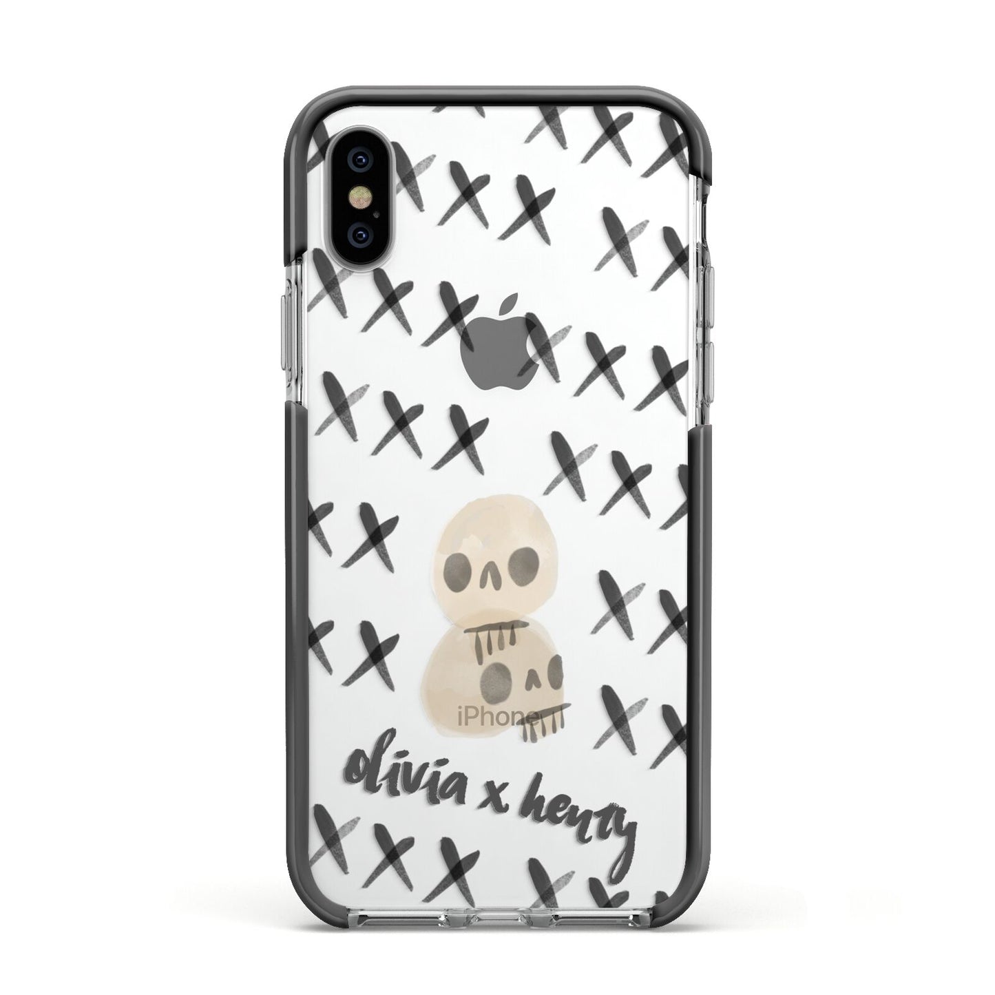 Skulls and Kisses Personalised Apple iPhone Xs Impact Case Black Edge on Silver Phone
