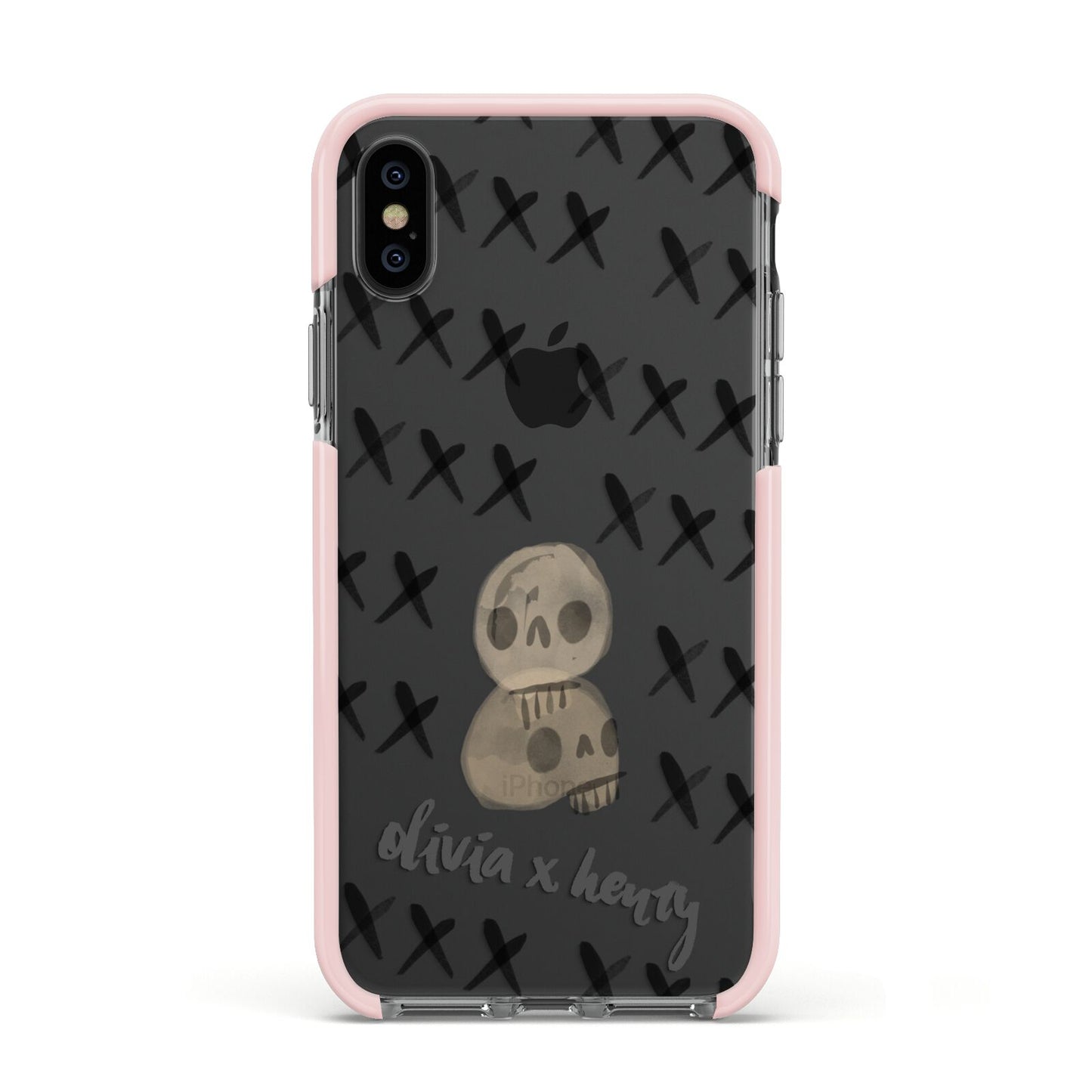 Skulls and Kisses Personalised Apple iPhone Xs Impact Case Pink Edge on Black Phone