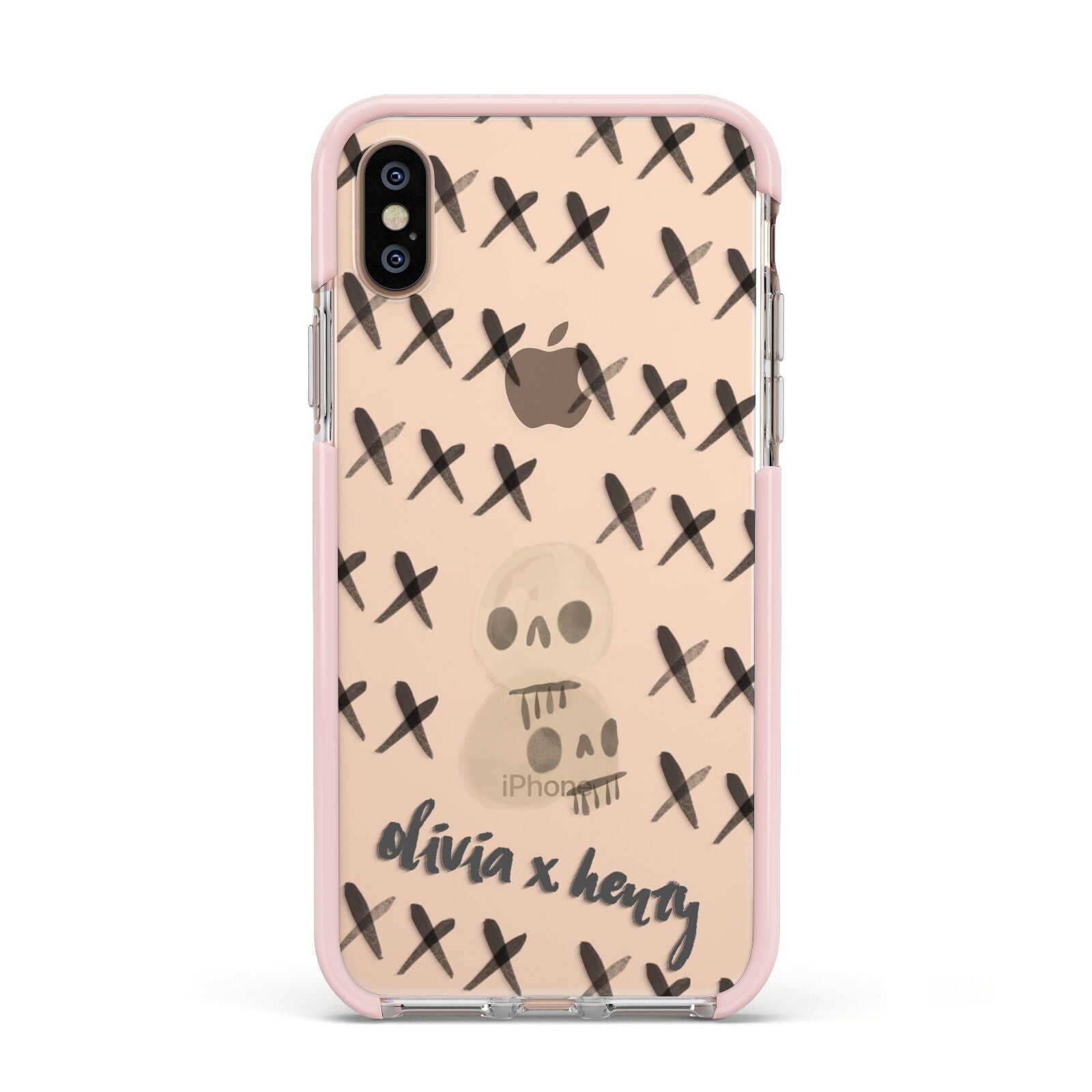 Skulls and Kisses Personalised Apple iPhone Xs Impact Case Pink Edge on Gold Phone