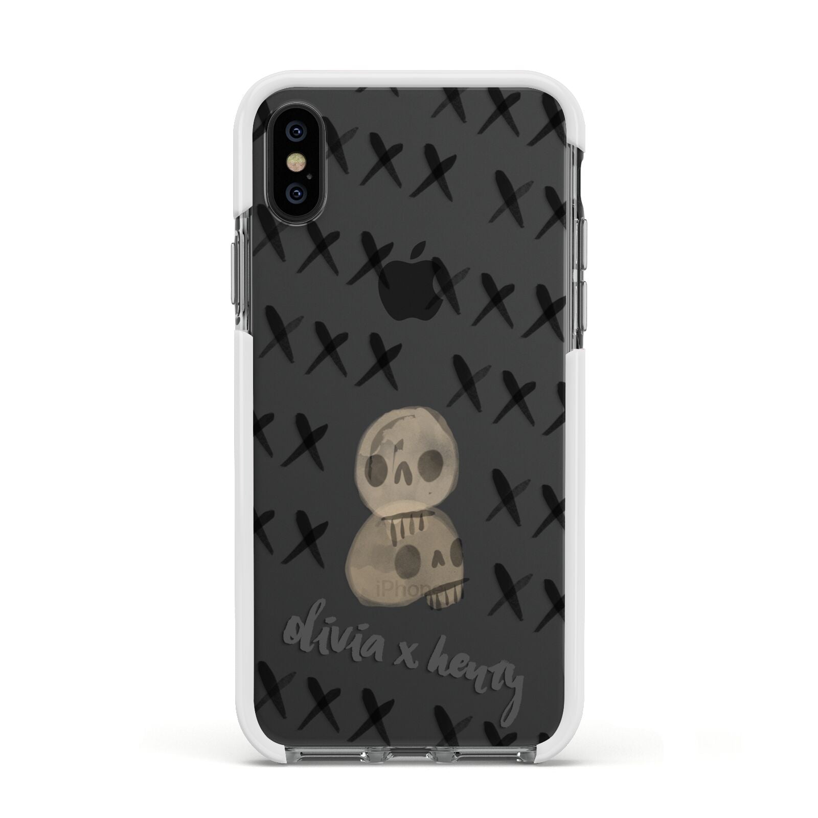 Skulls and Kisses Personalised Apple iPhone Xs Impact Case White Edge on Black Phone