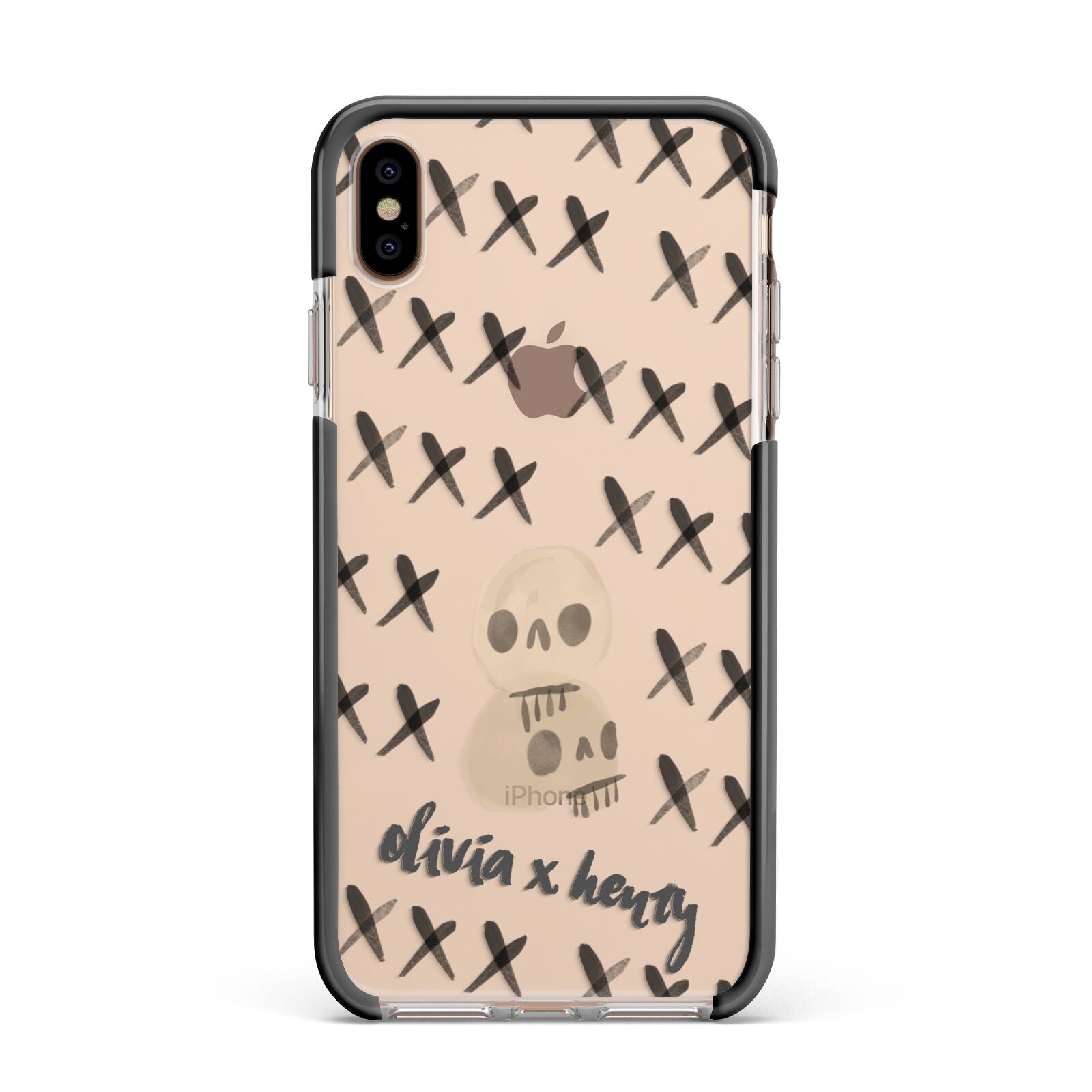 Skulls and Kisses Personalised Apple iPhone Xs Max Impact Case Black Edge on Gold Phone