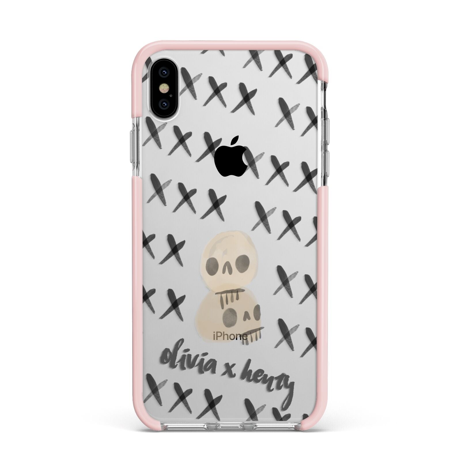 Skulls and Kisses Personalised Apple iPhone Xs Max Impact Case Pink Edge on Silver Phone
