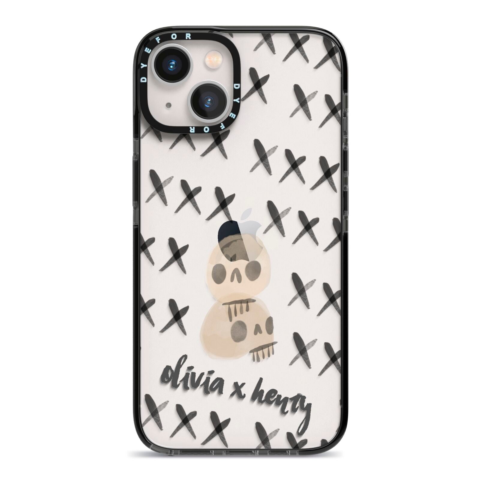 Skulls and Kisses Personalised iPhone 13 Black Impact Case on Silver phone