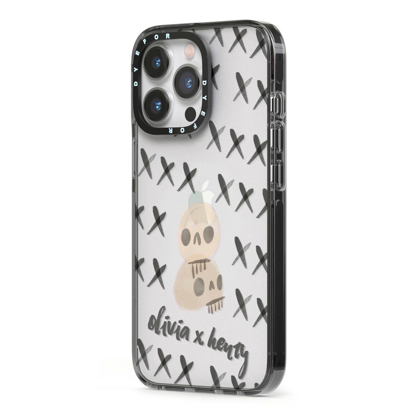 Skulls and Kisses Personalised iPhone 13 Pro Black Impact Case Side Angle on Silver phone