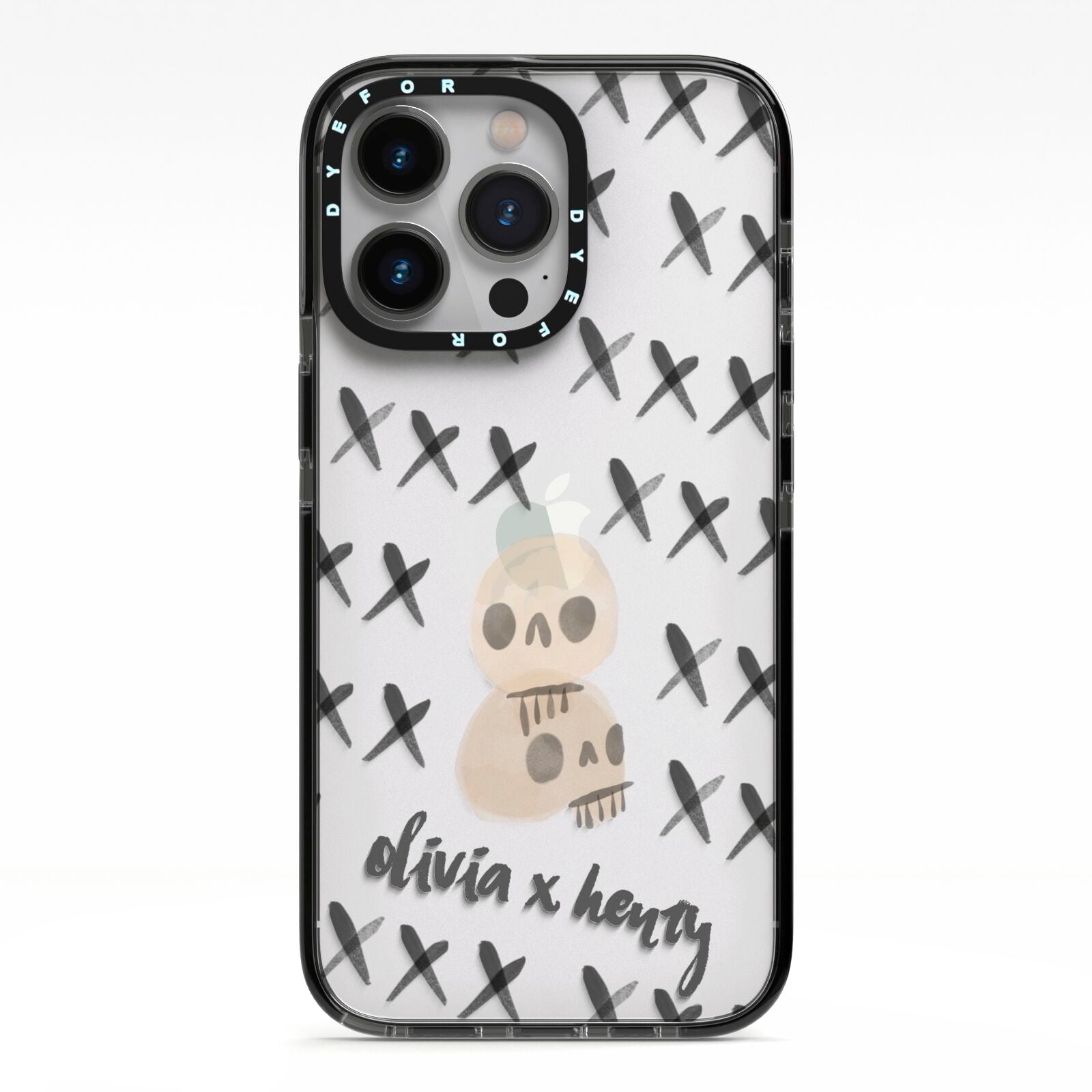 Skulls and Kisses Personalised iPhone 13 Pro Black Impact Case on Silver phone