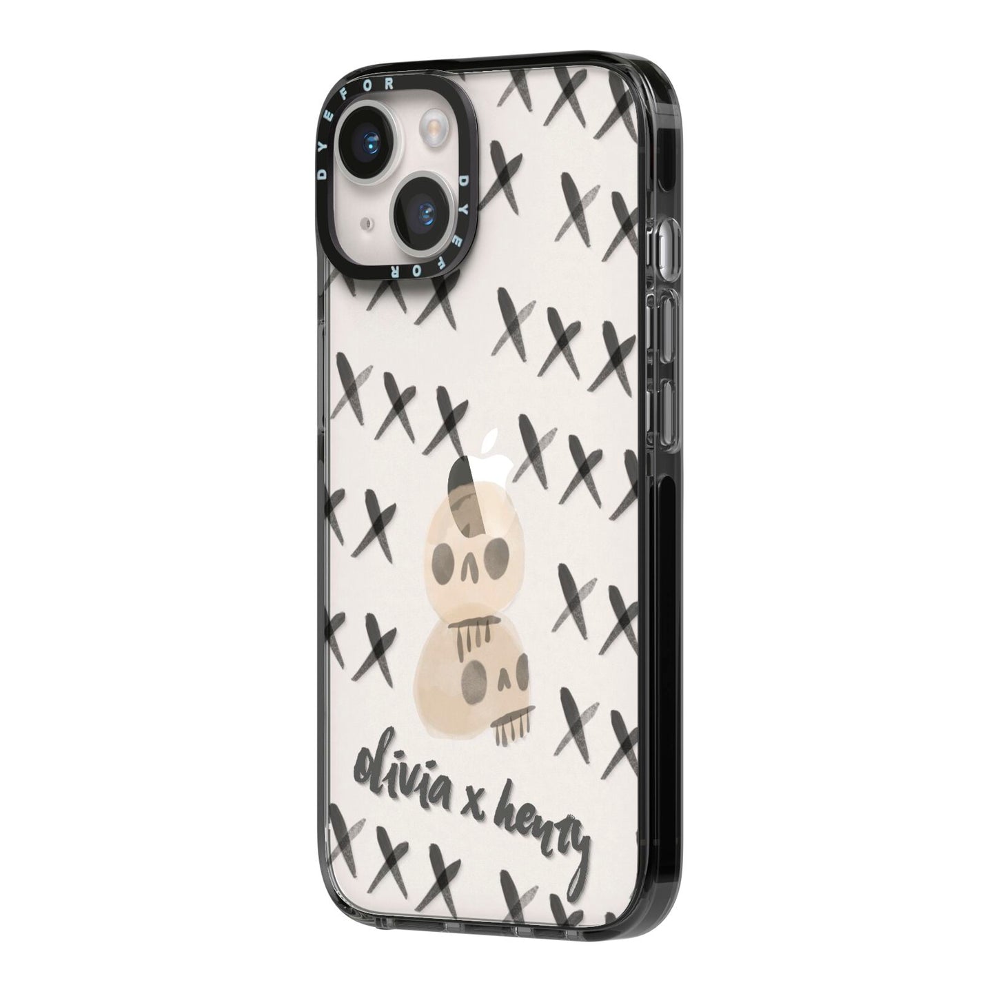 Skulls and Kisses Personalised iPhone 14 Black Impact Case Side Angle on Silver phone