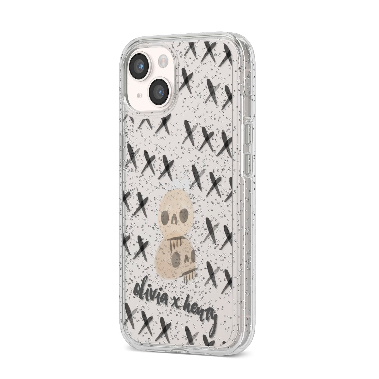 Skulls and Kisses Personalised iPhone 14 Glitter Tough Case Starlight Angled Image