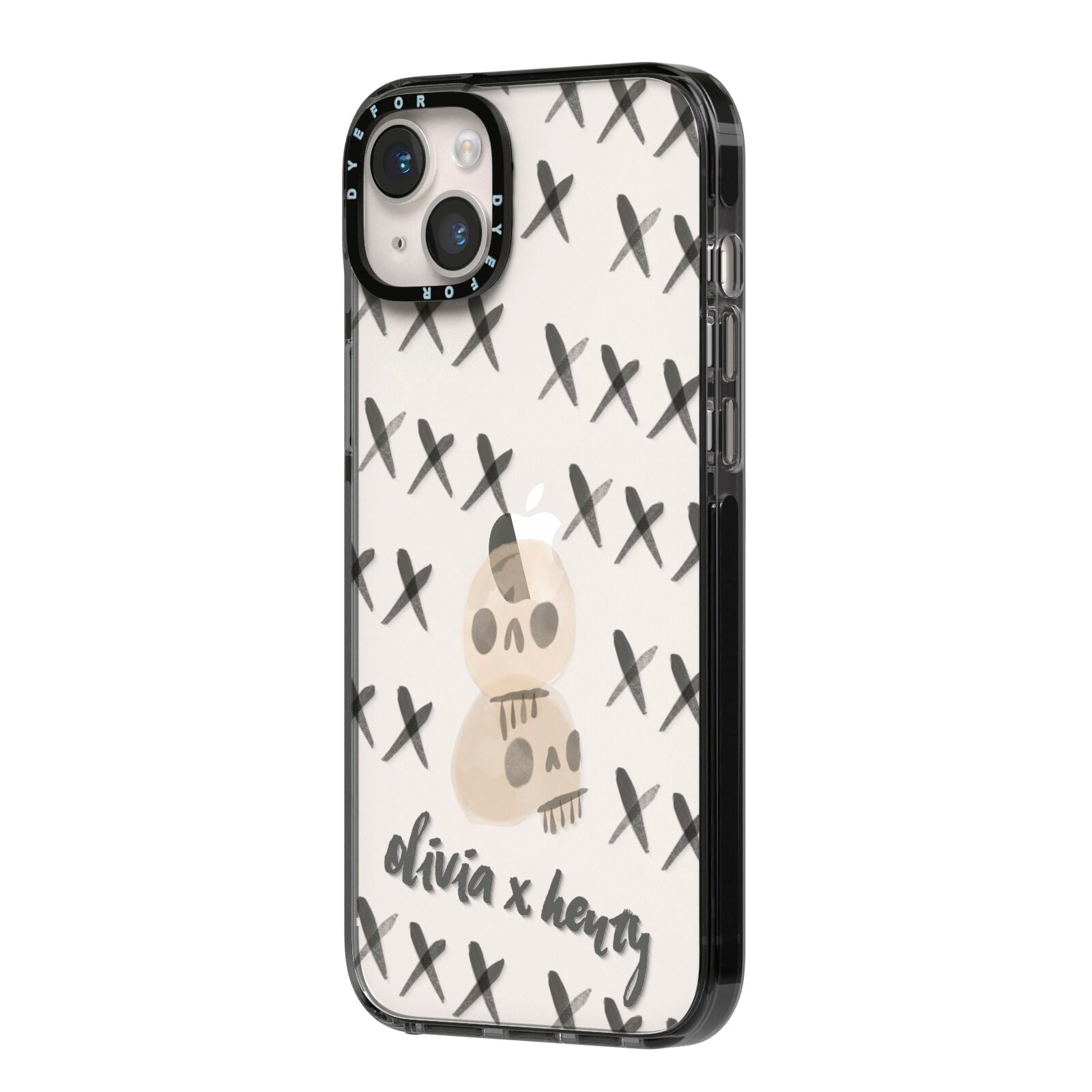 Skulls and Kisses Personalised iPhone 14 Plus Black Impact Case Side Angle on Silver phone