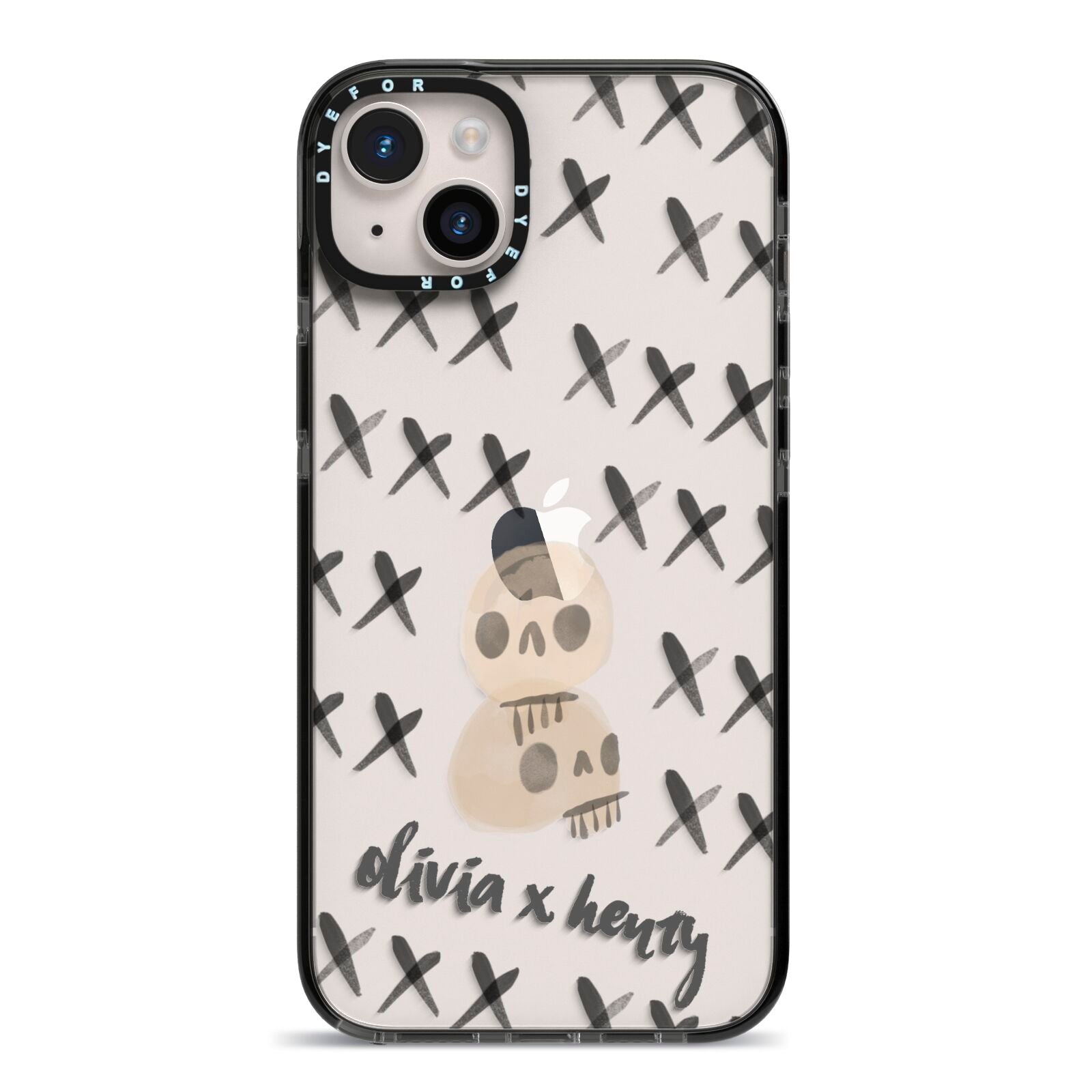 Skulls and Kisses Personalised iPhone 14 Plus Black Impact Case on Silver phone