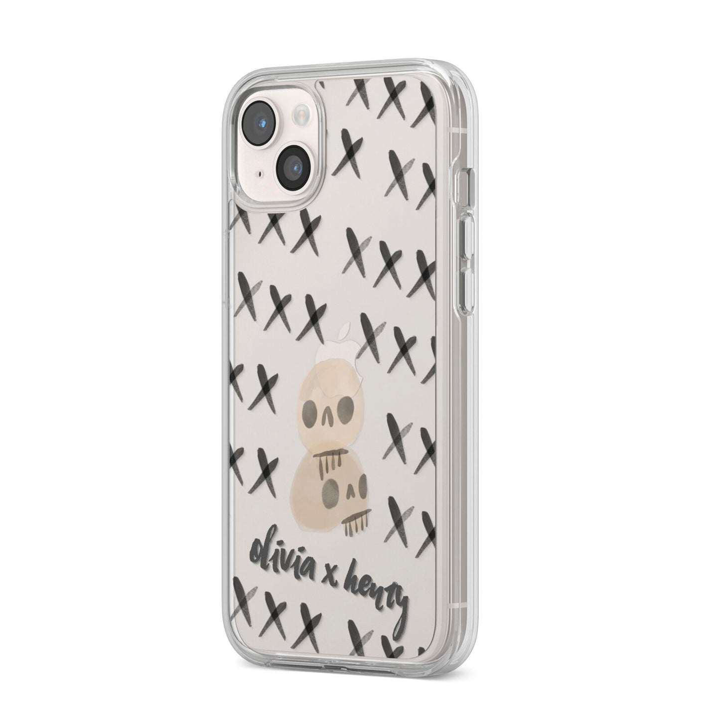 Skulls and Kisses Personalised iPhone 14 Plus Clear Tough Case Starlight Angled Image