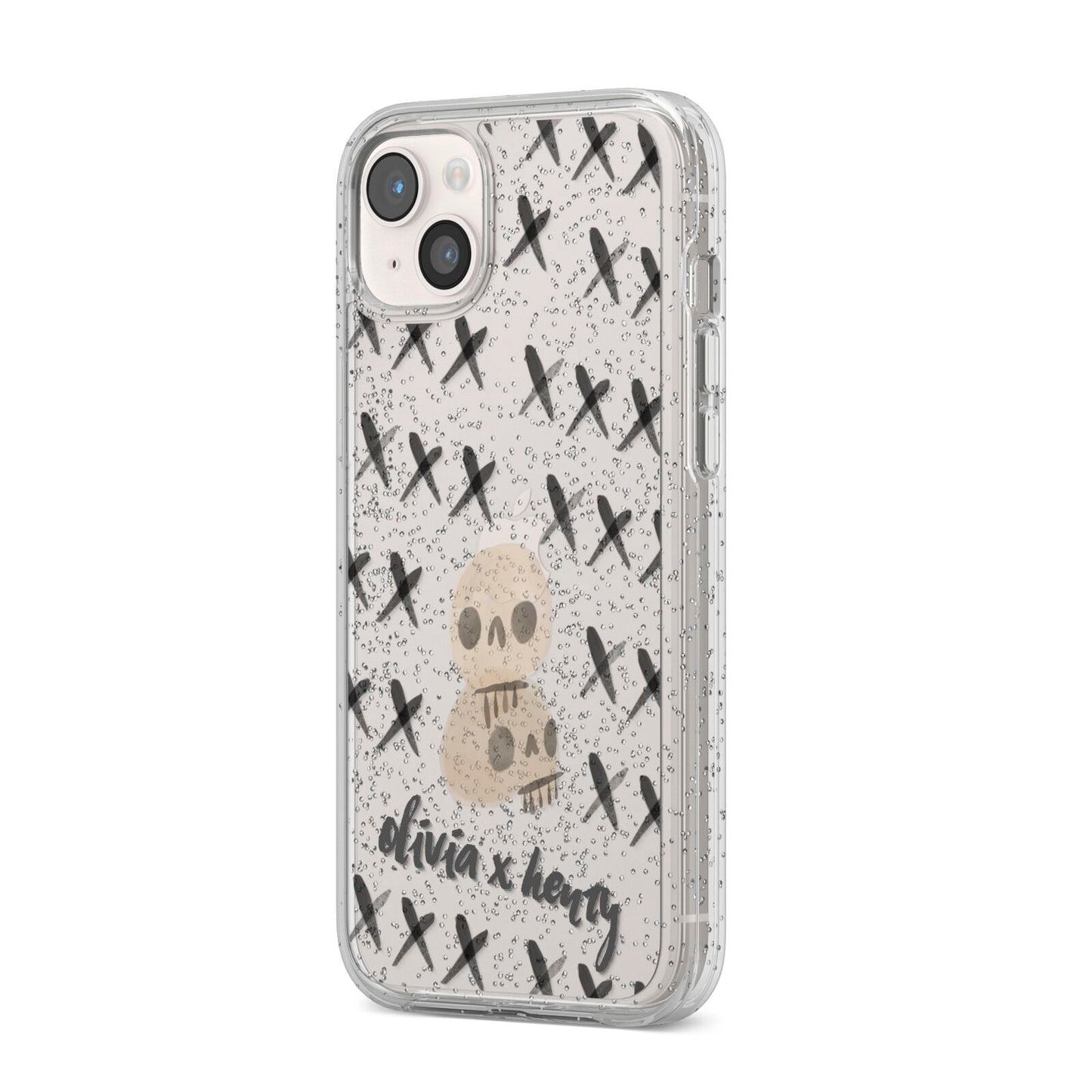 Skulls and Kisses Personalised iPhone 14 Plus Glitter Tough Case Starlight Angled Image
