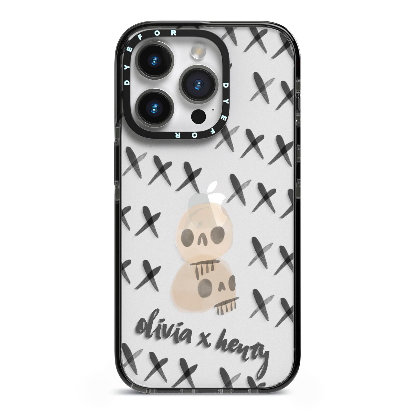 Skulls and Kisses Personalised iPhone 14 Pro Black Impact Case on Silver phone