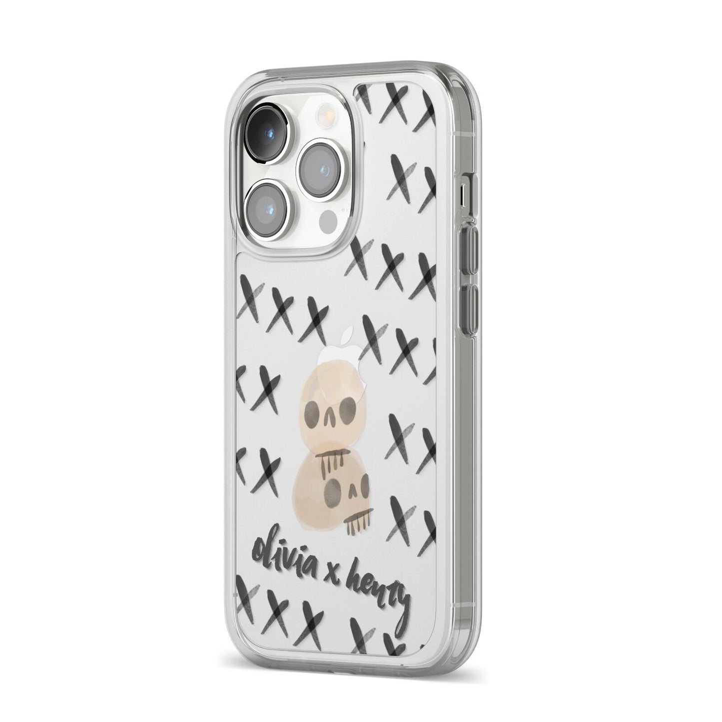 Skulls and Kisses Personalised iPhone 14 Pro Clear Tough Case Silver Angled Image