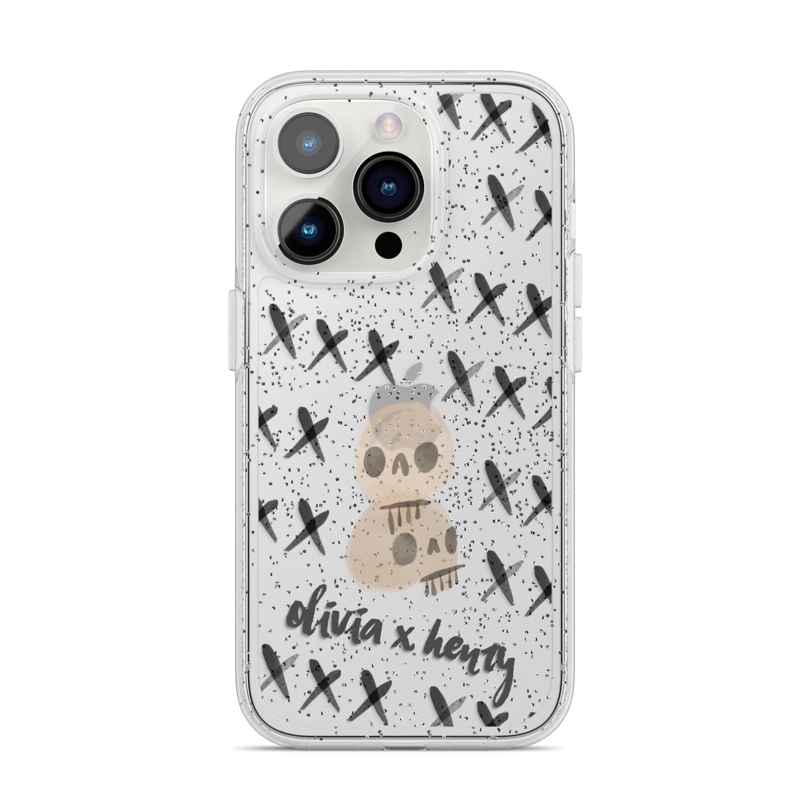 Skulls and Kisses Personalised iPhone 14 Pro Glitter Tough Case Silver