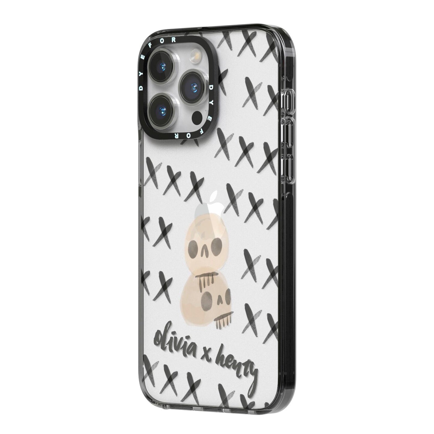 Skulls and Kisses Personalised iPhone 14 Pro Max Black Impact Case Side Angle on Silver phone
